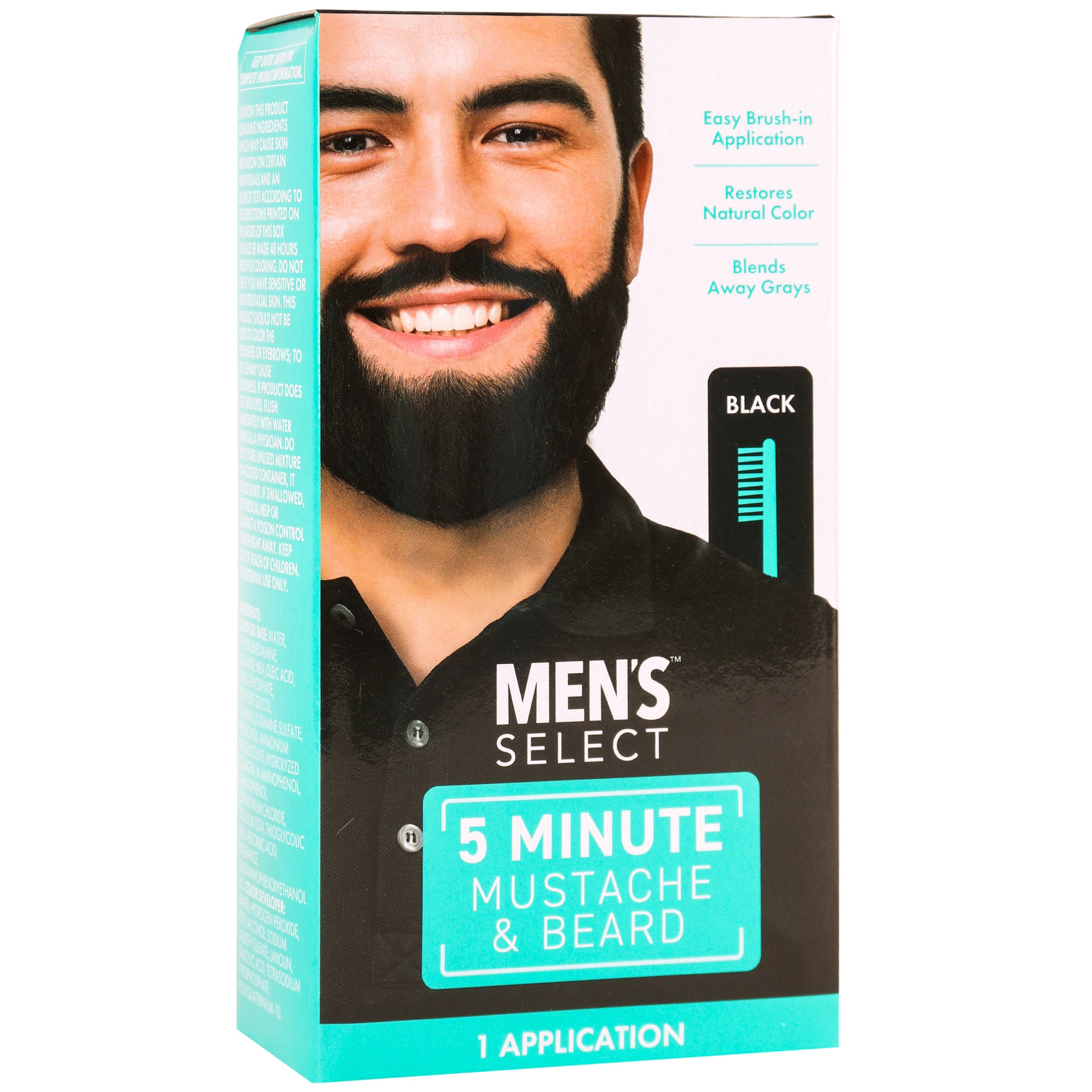 Men's Select black mustache and beard color gel box with brush in application.