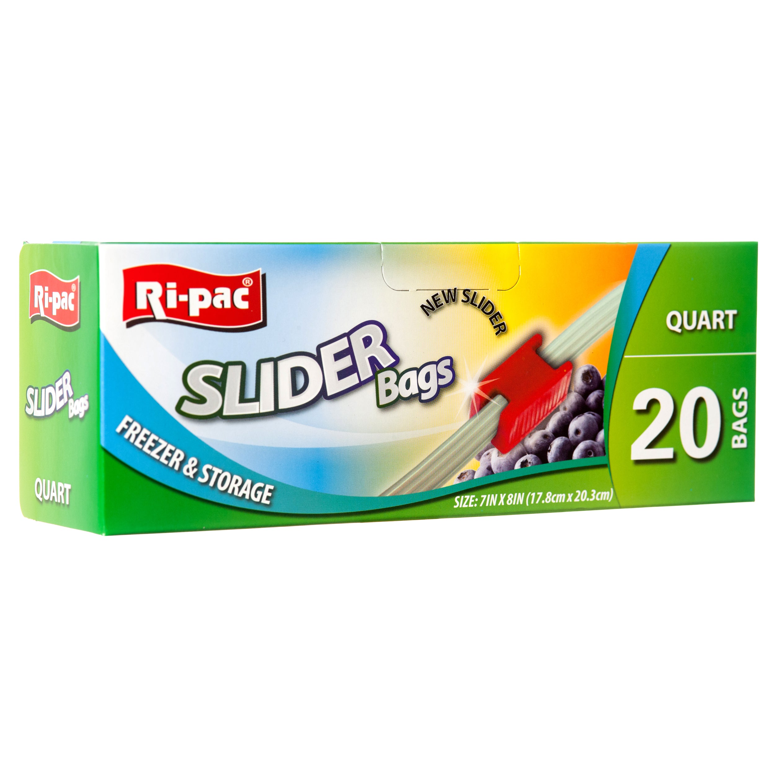 Quart‑size slider zipper storage bags designed for food storage and freezer use, 20‑count box