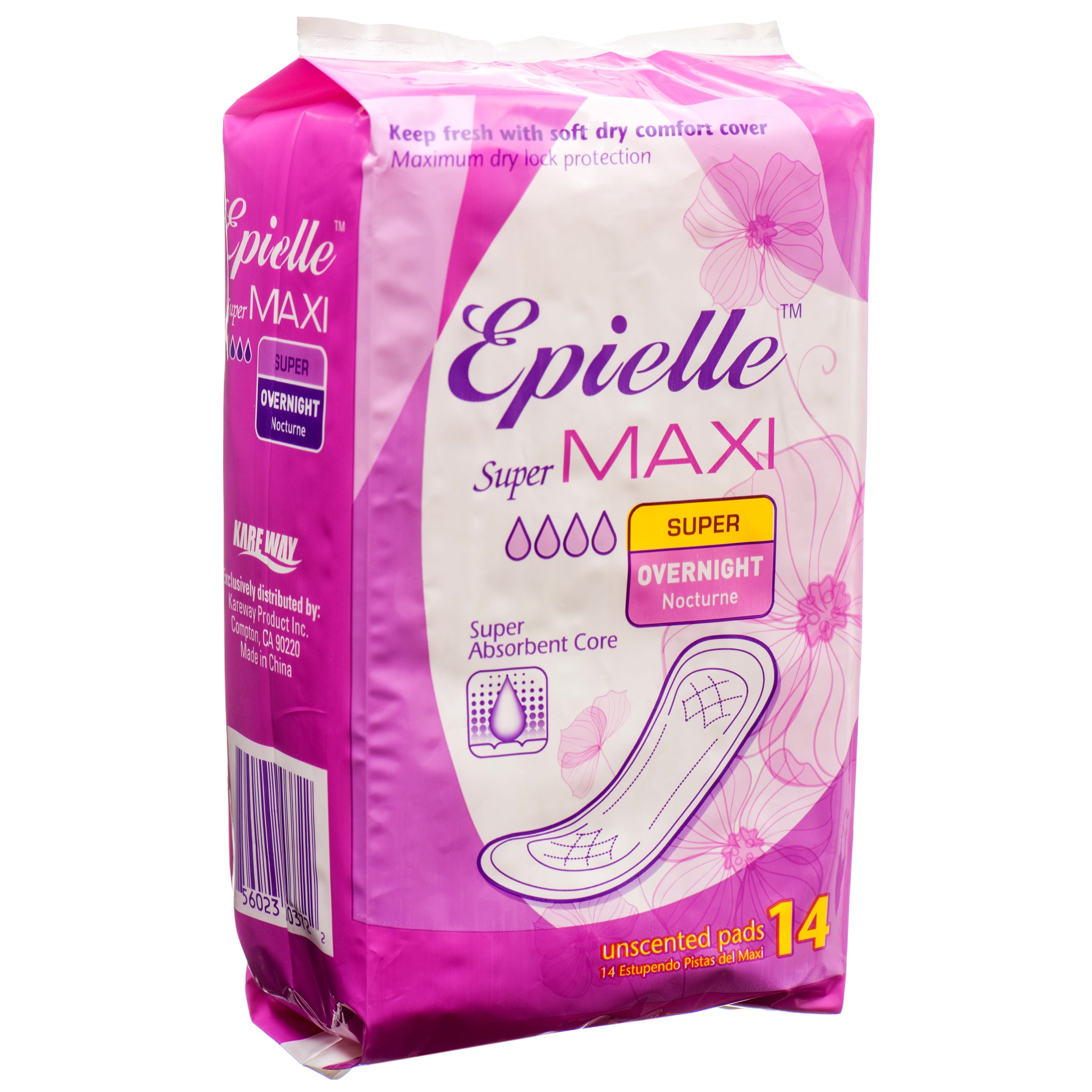 Epielle Maxi Super Overnight Pads 14 Count, Ultra absorbent unscented overnight sanitary pads