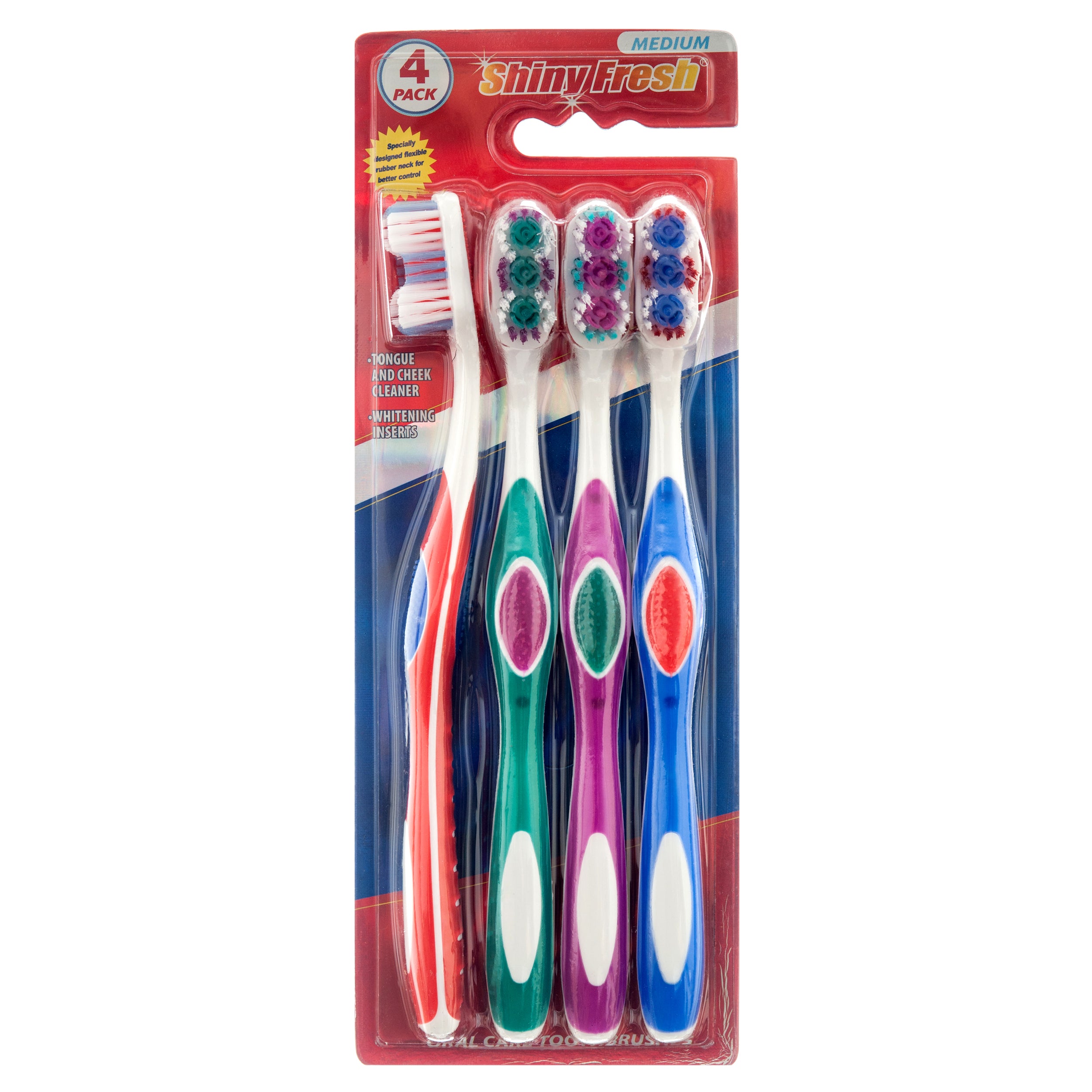 Shiny Fresh medium toothbrush 4 pack with tongue and cheek cleaner – manual oral care toothbrushes