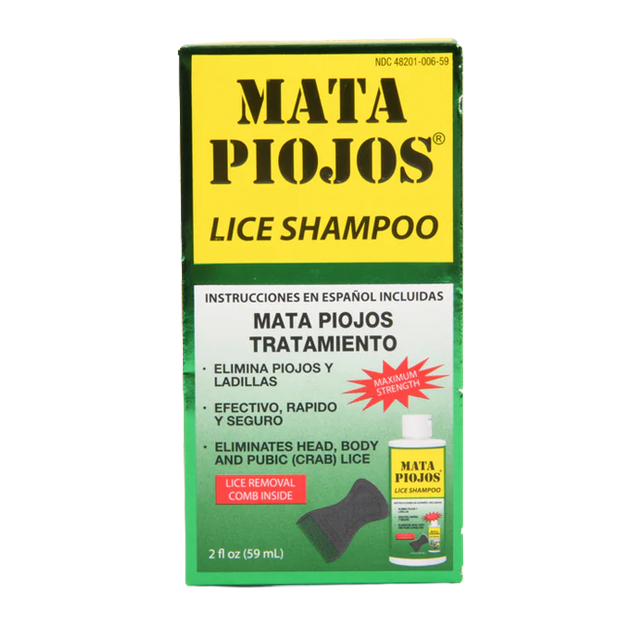 Mata Piojos lice shampoo 2 fl oz maximum strength lice treatment with comb included in box