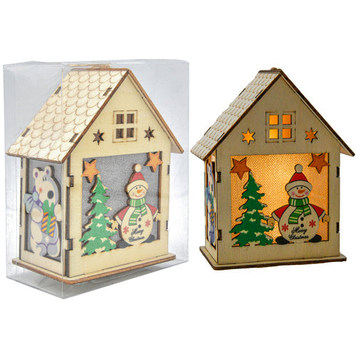 HX ORNAMENT WOODEN HOUSE W/LED & PAINT (24 PACK)