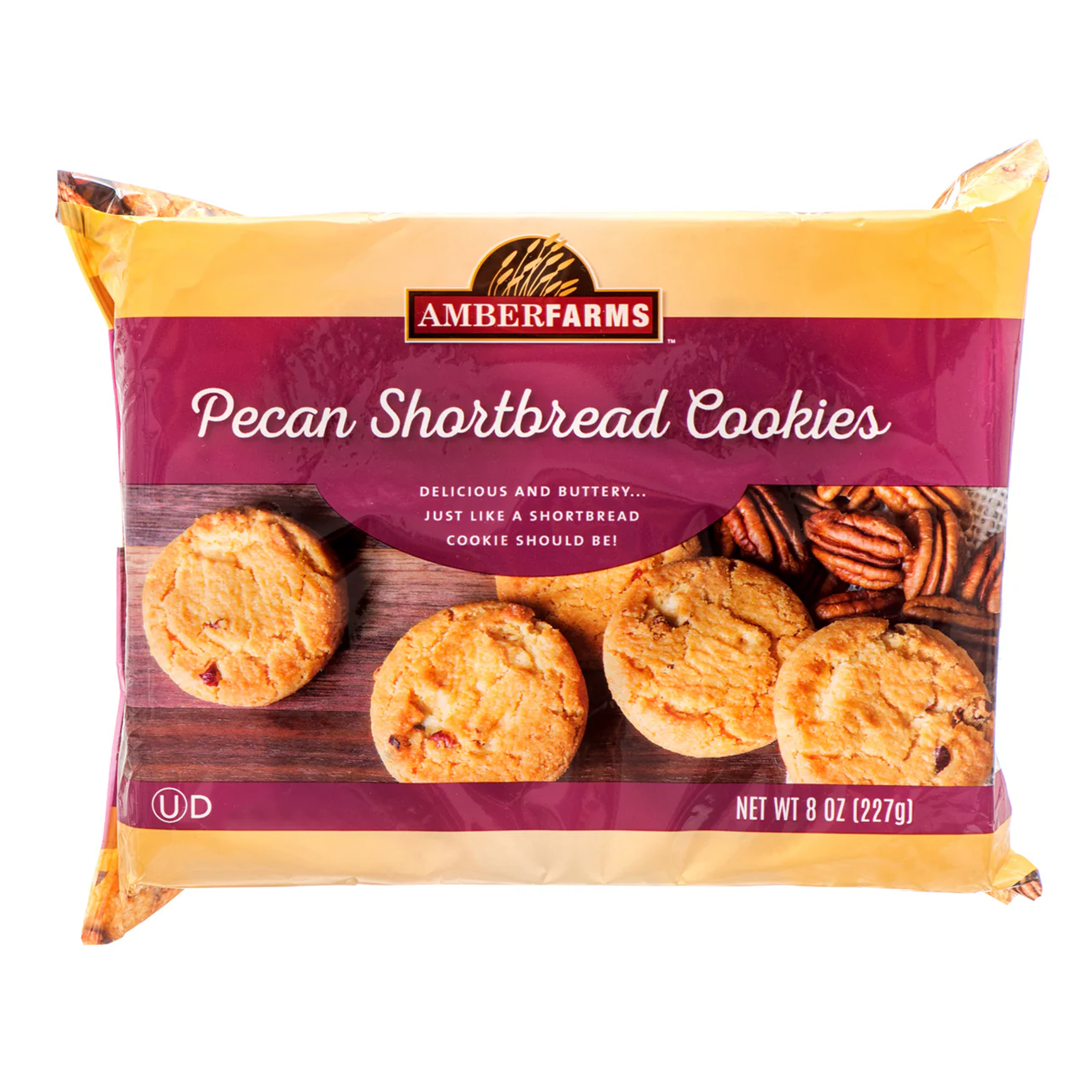 Amber Farms pecan shortbread cookies 8oz bag with buttery cookies and whole pecans on packaging