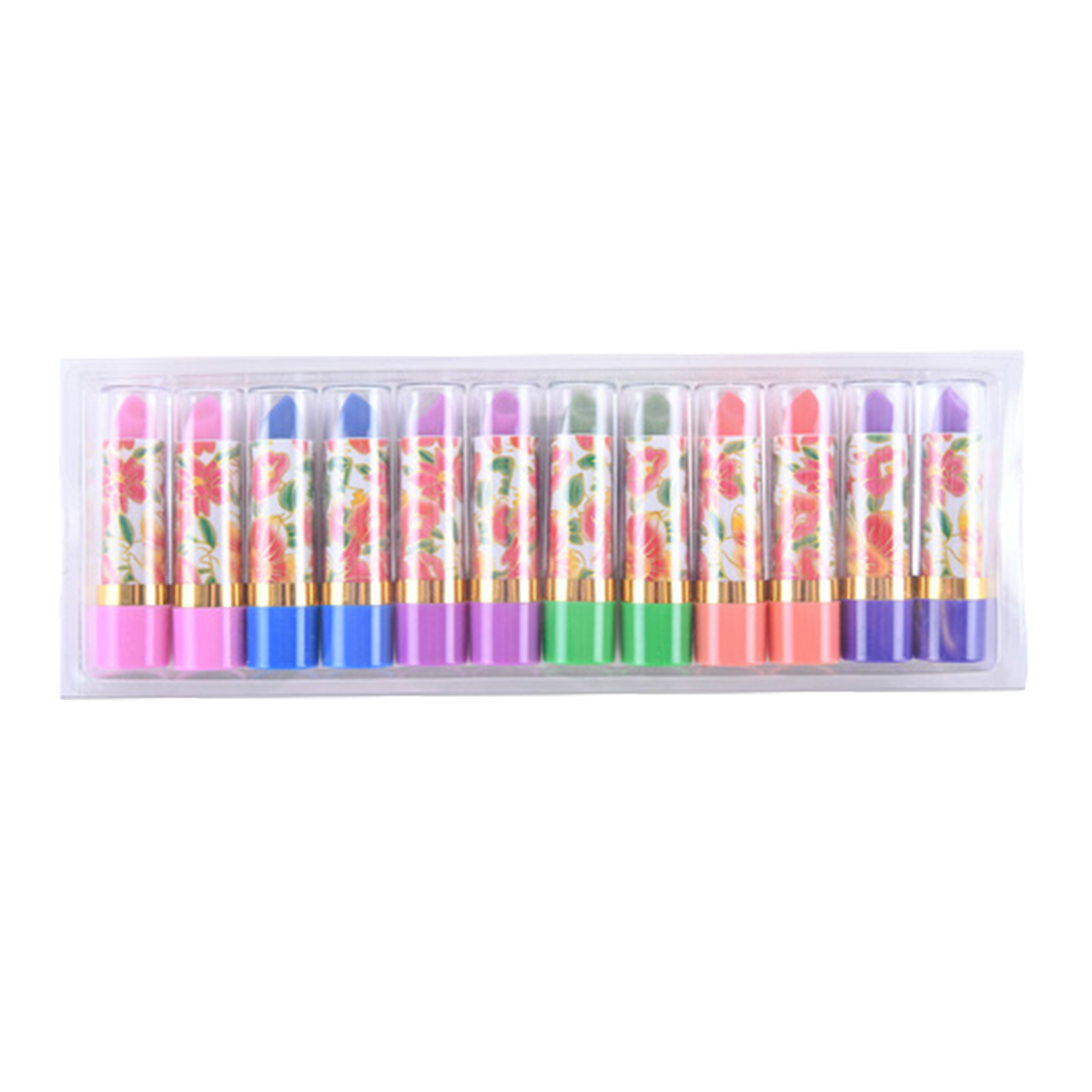 Assorted floral lip balm set with multicolor tubes arranged in clear display tray