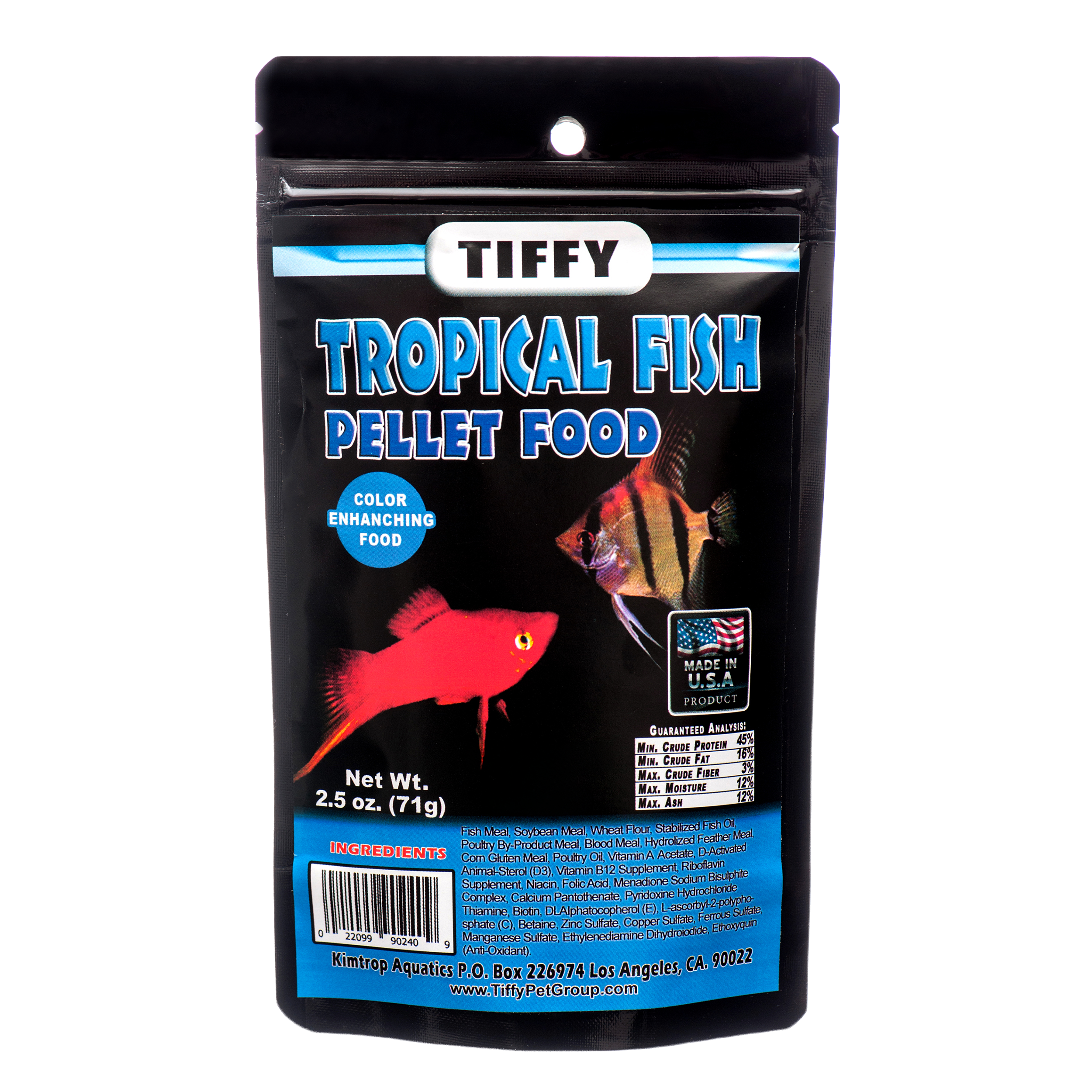 Tiffy tropical fish pellet food 2.5 oz pouch with color enhancing aquarium fish pellets made in USA