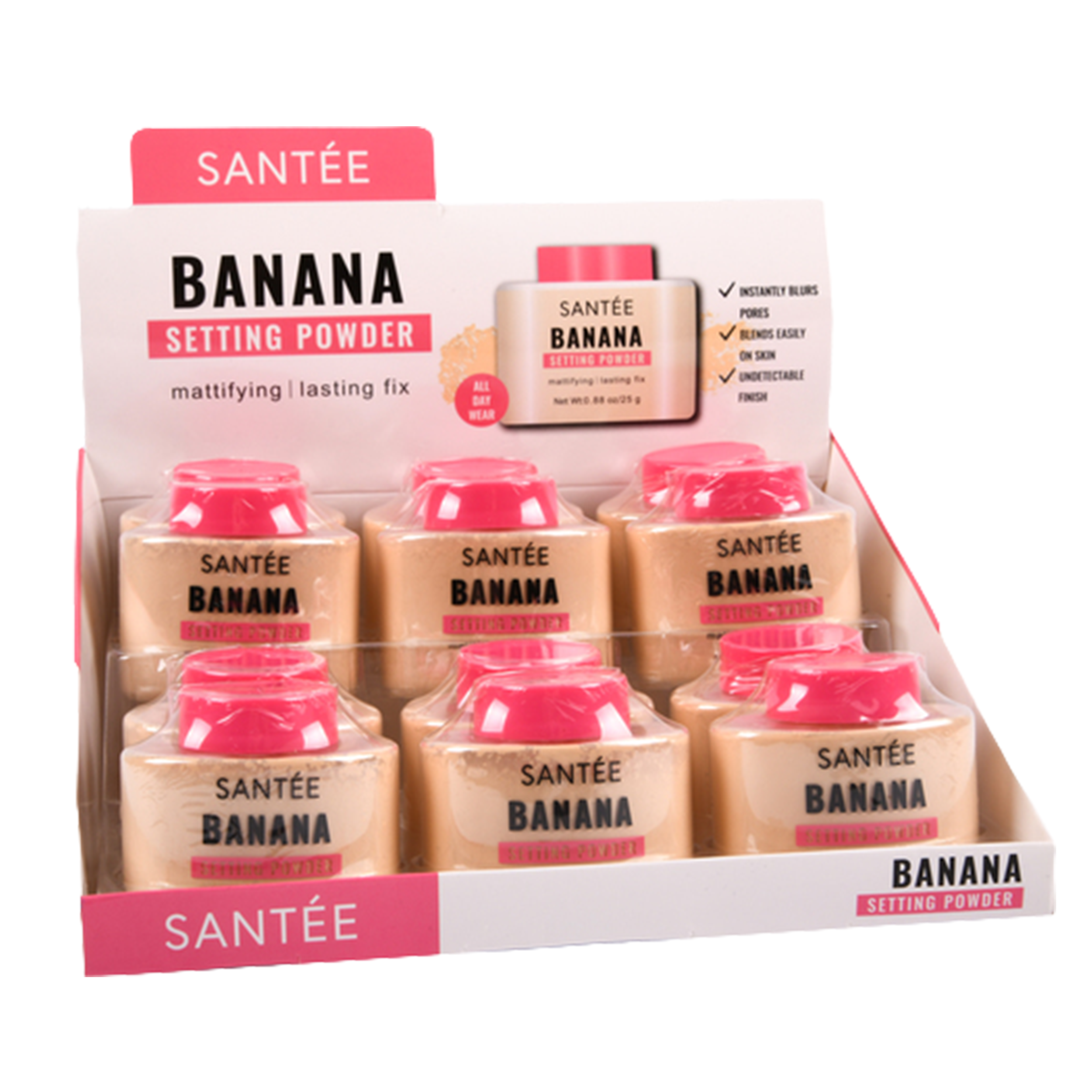 Santée banana setting powder display – mattifying loose powder for long lasting makeup finish