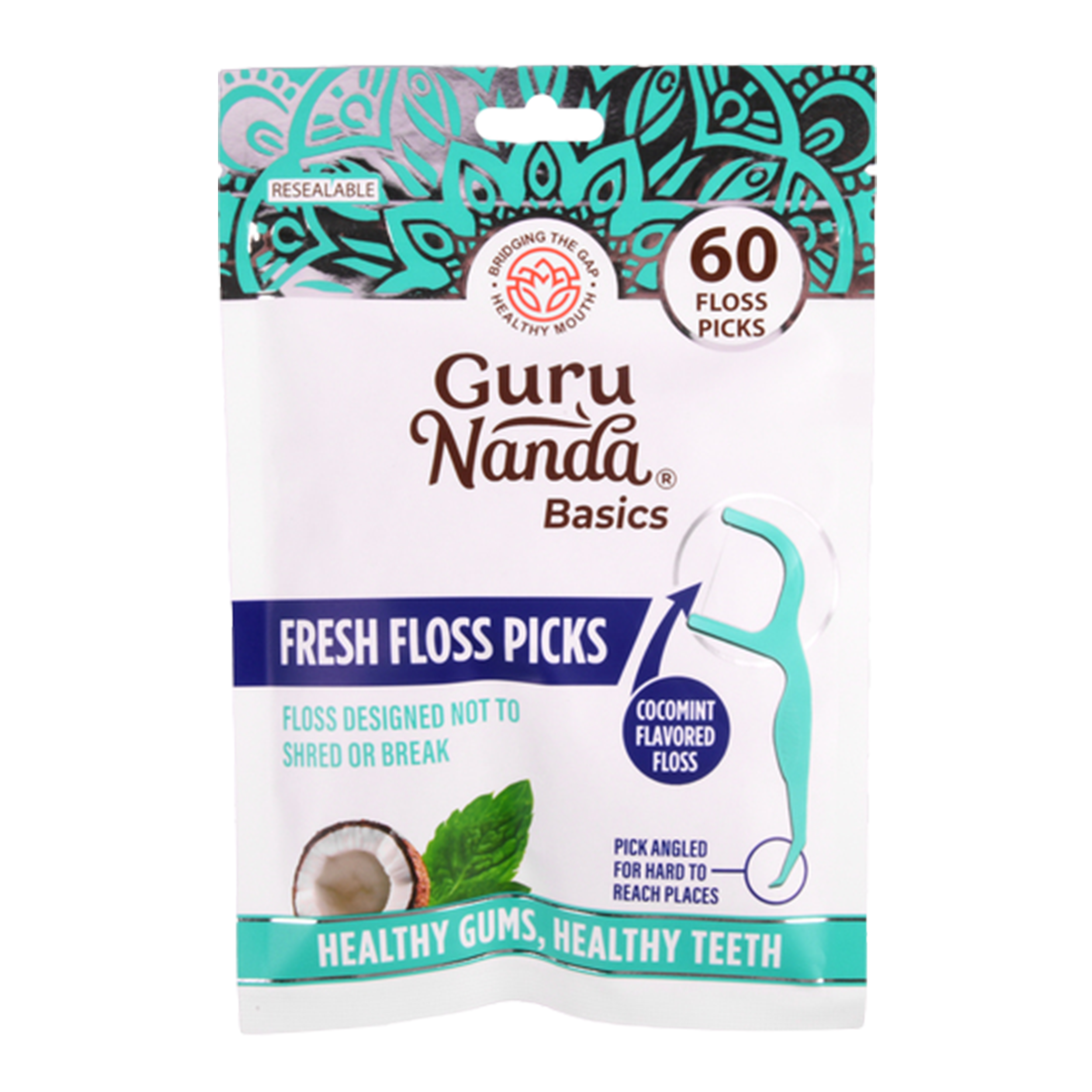 GuruNanda Fresh Floss Picks 60 count resealable bag with coconut flavored dental floss picks for teeth cleaning