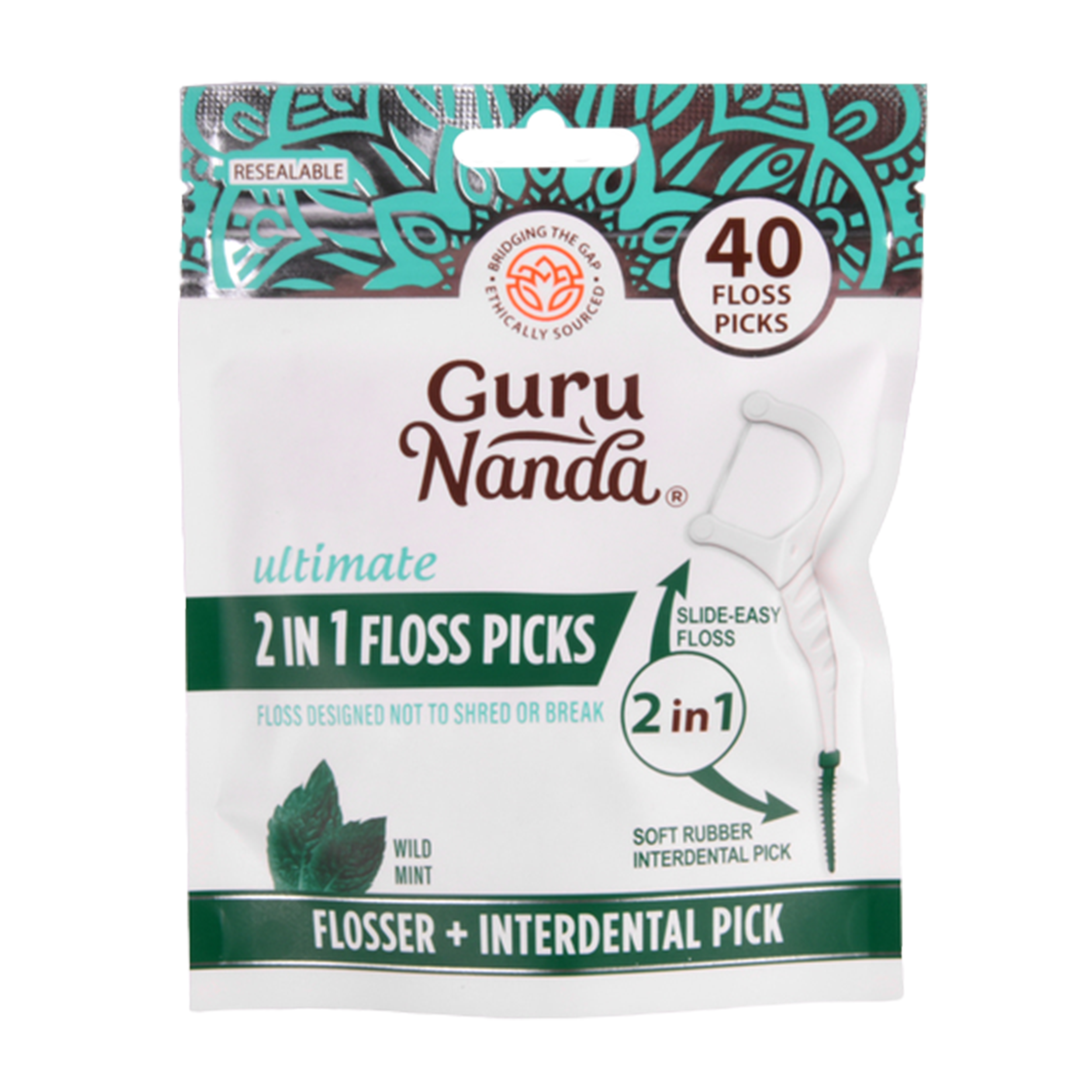 GuruNanda 2 in 1 floss picks 40 count with interdental brush and wild mint dental floss in resealable pack