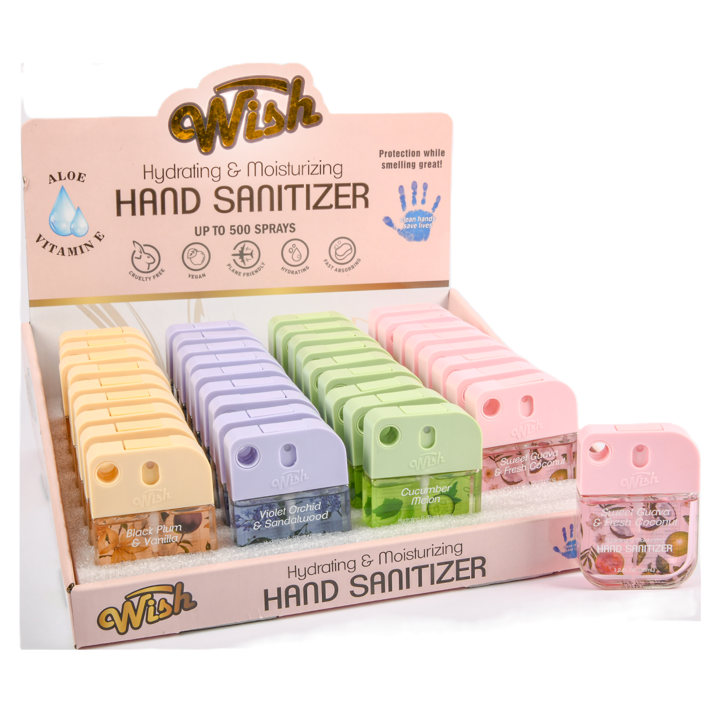 Wish Hand Sanitizer Spray 1.2oz assorted scents – hydrating pocket‑size sanitizer sprays (40 pack)