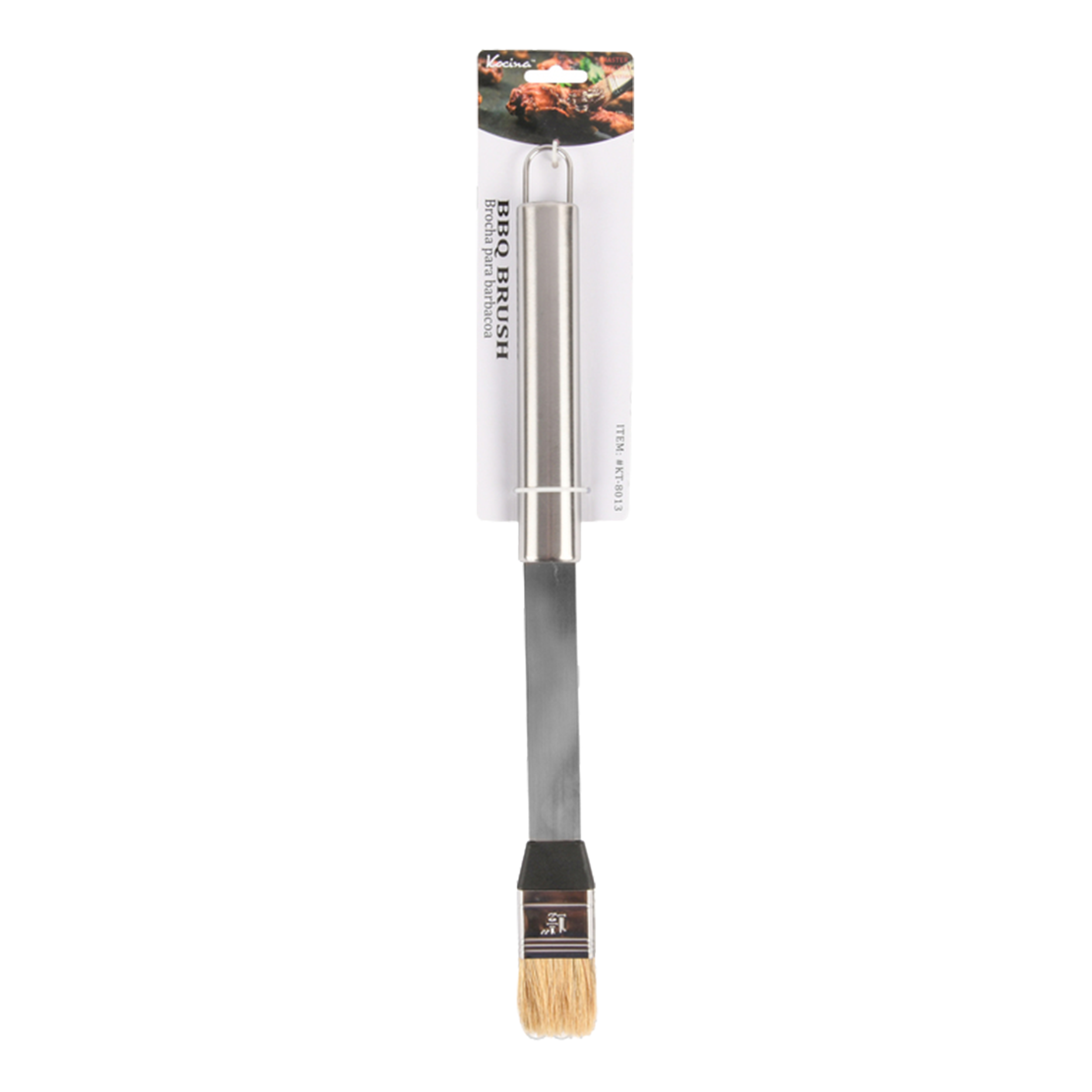 stainless steel BBQ basting brush with long handle and bristles for applying sauce and marinade on grill