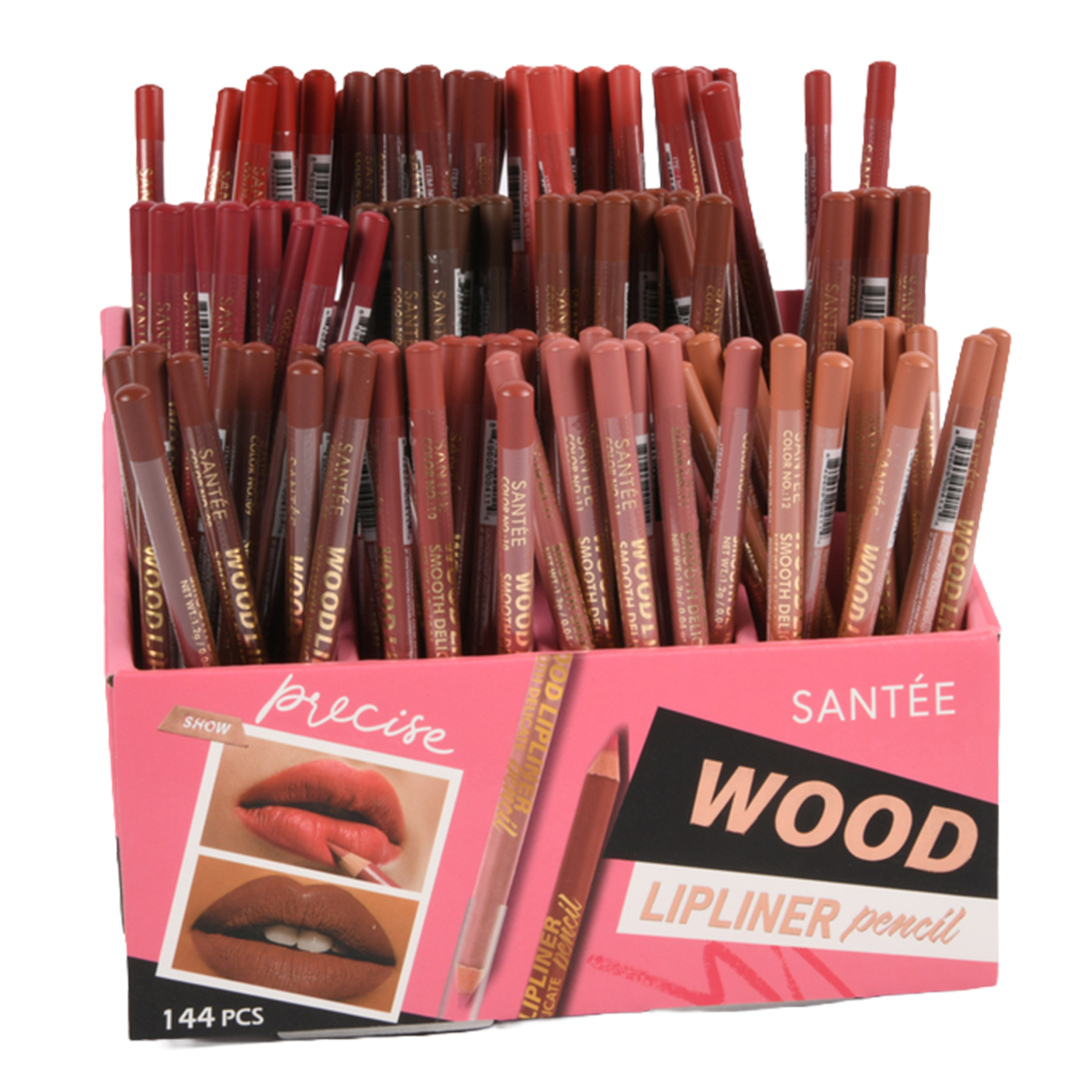 Santée wood lipliner pencil display with assorted shades – 144 piece lip liner pencil set