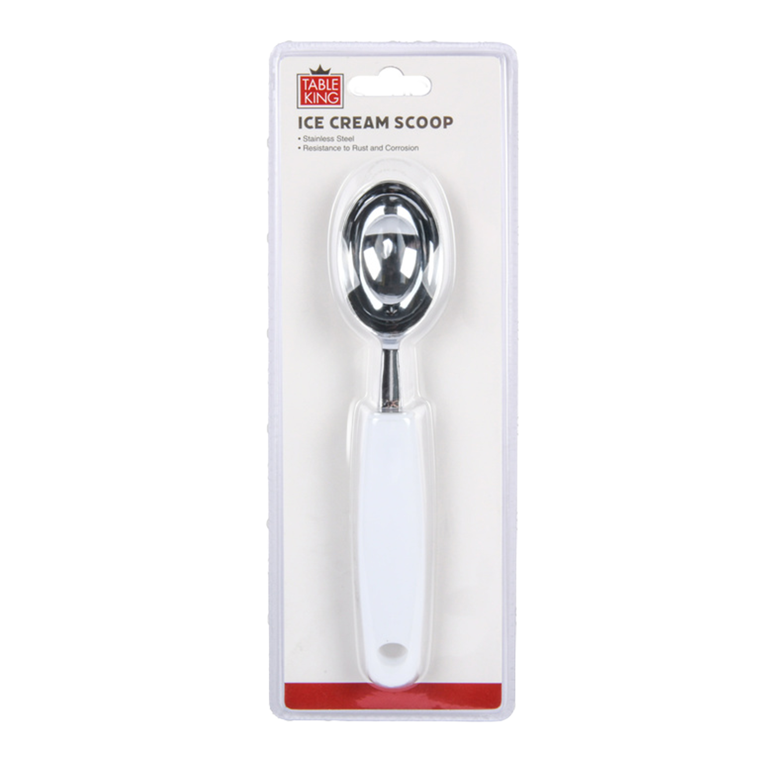 Table King stainless steel ice cream scoop with white handle in retail packaging for kitchen use
