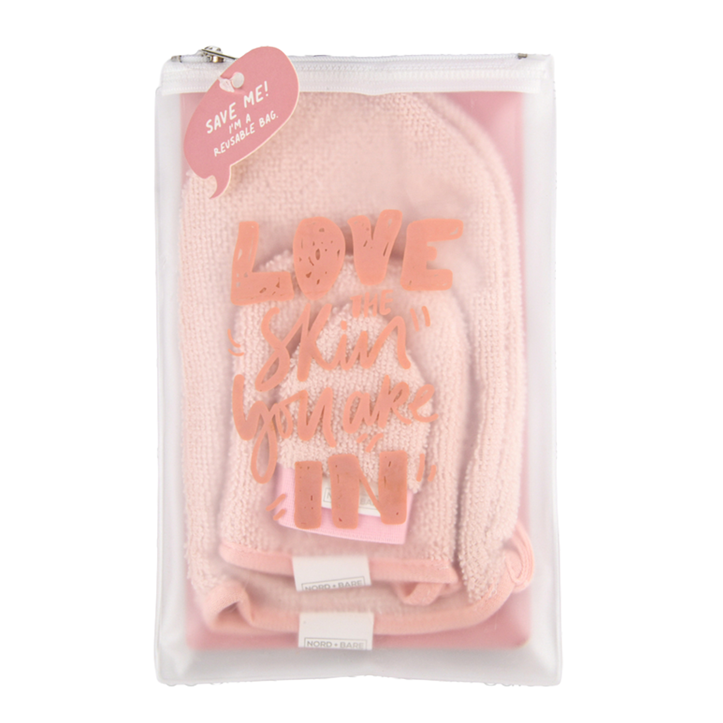 Reusable skincare accessory set with soft fabric mitts inside pink reusable zipper pouch reading ‘Love the skin you’re in