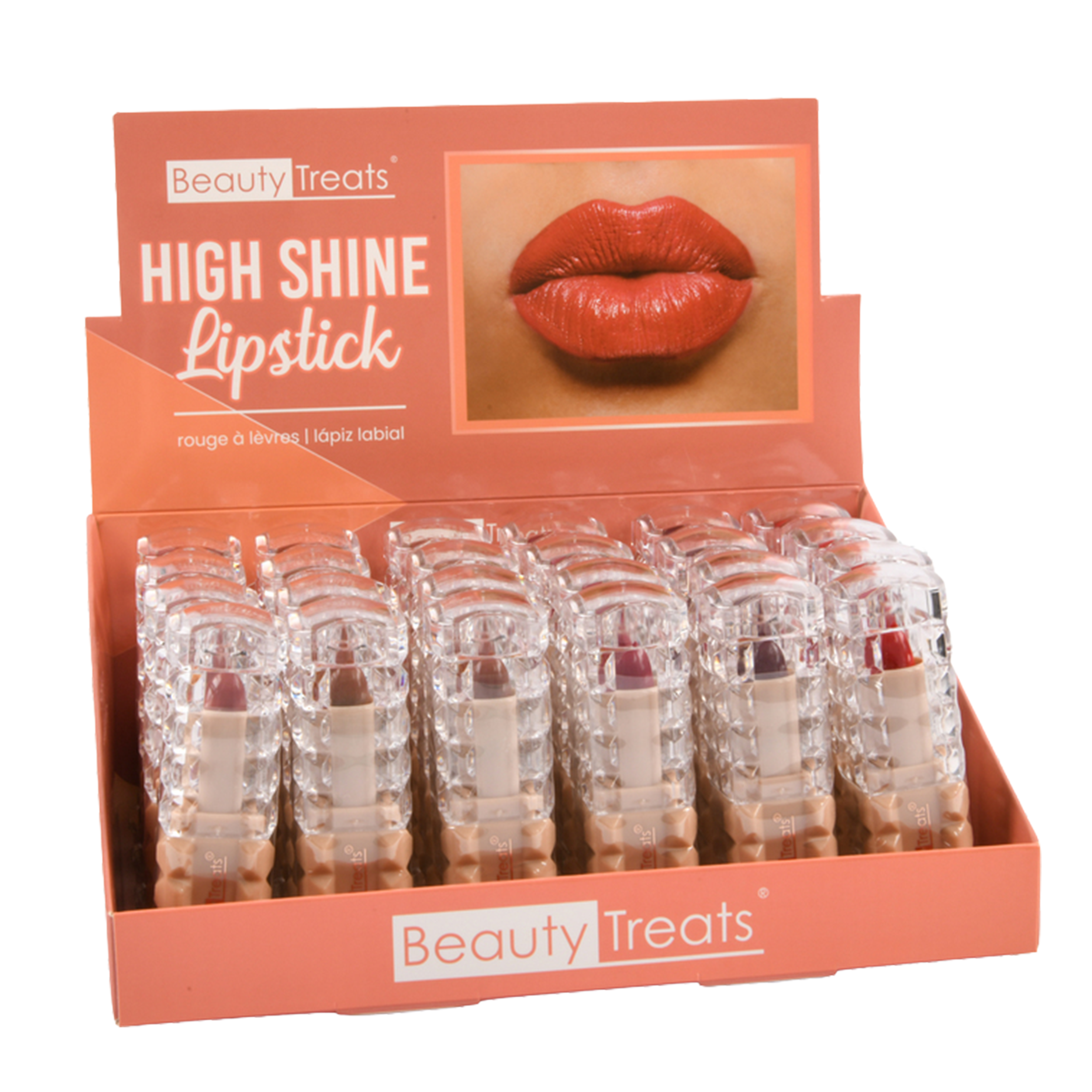 Beauty Treats high shine lipstick display – glossy lipstick tubes in assorted shades