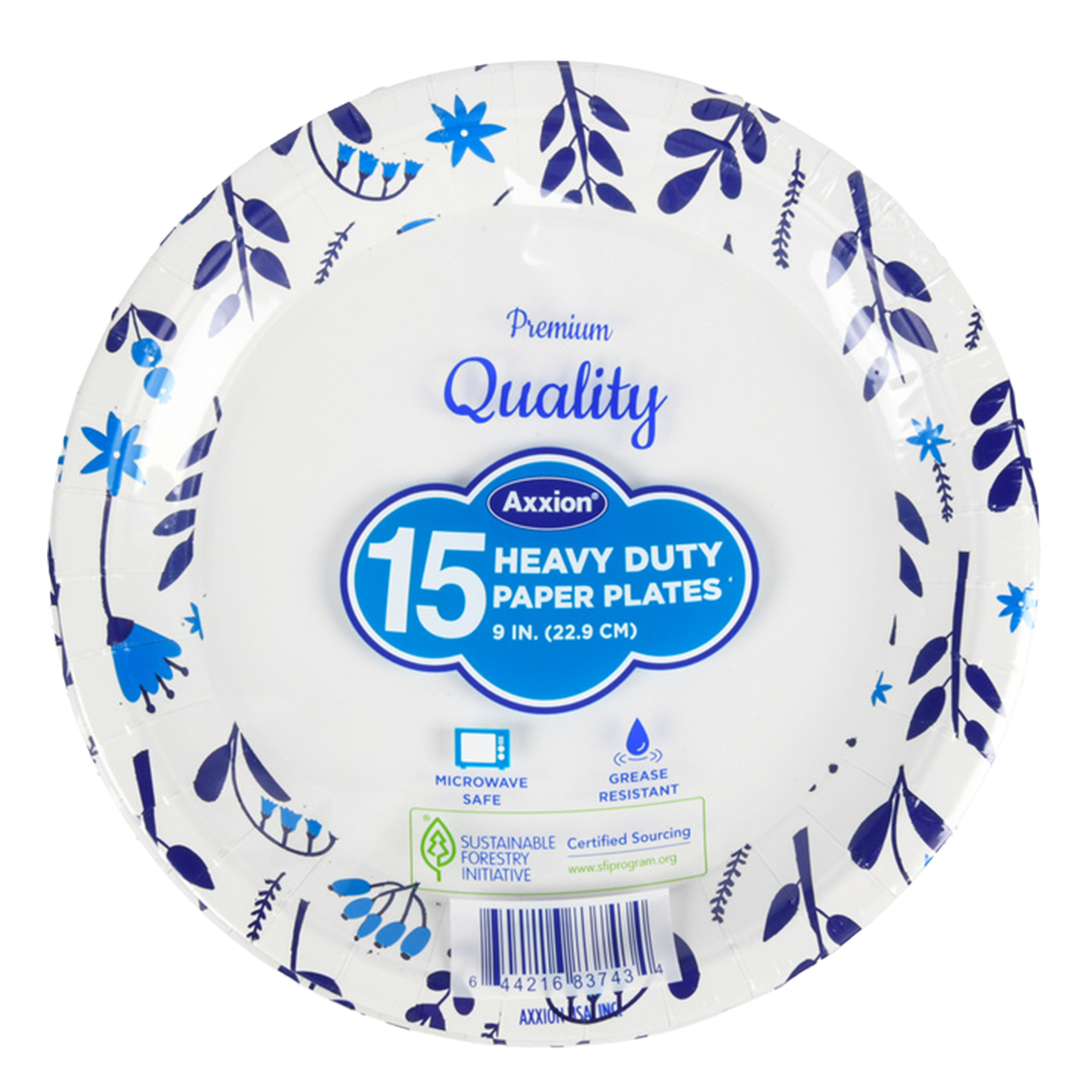 Axxion heavy duty paper plates 9 inch disposable plates 15 count with blue floral design microwave safe grease resistant