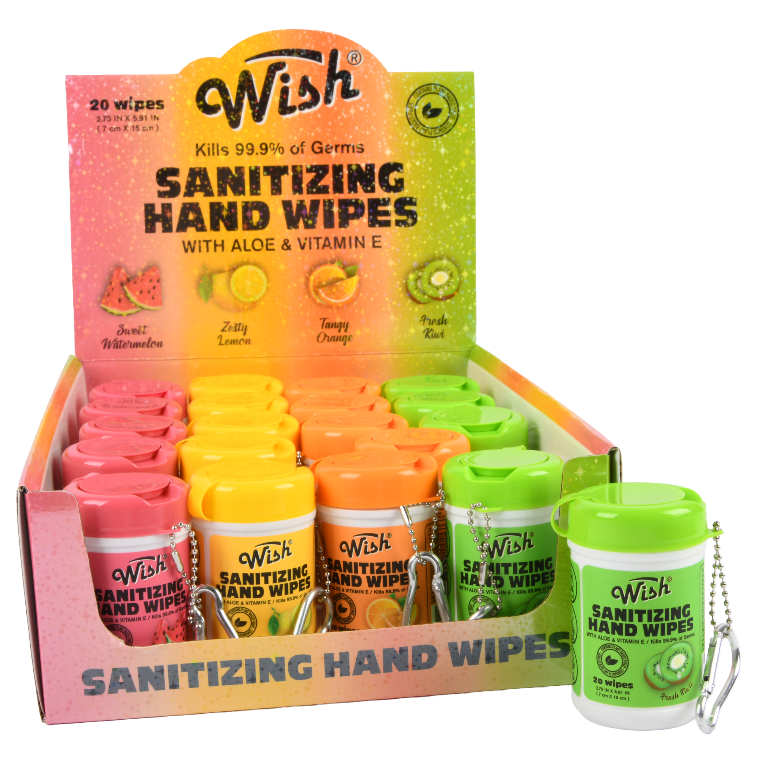 Wish Sanitizing Hand Wipes assorted canisters with aloe and vitamin E – 24 pack display