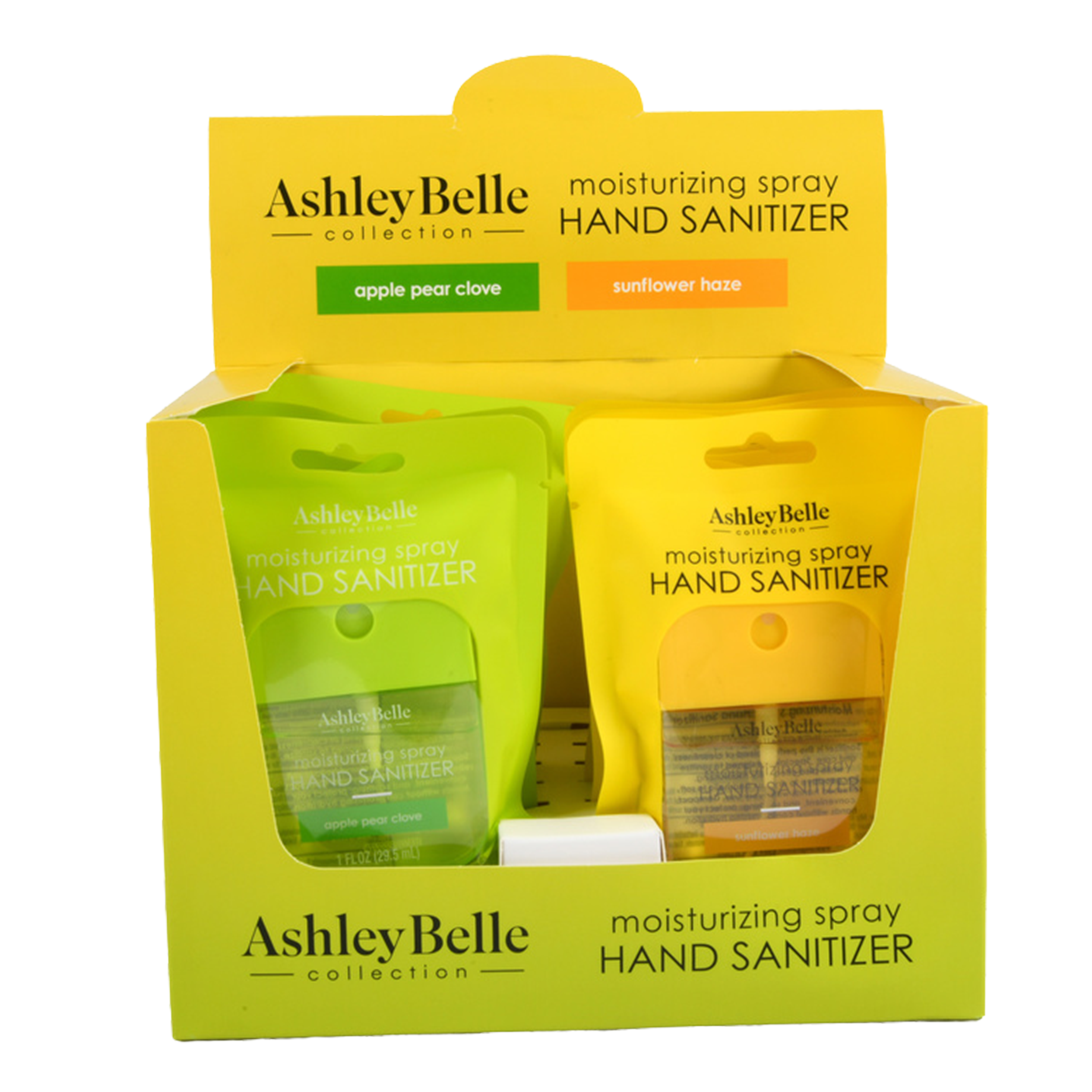 Ashley Belle moisturizing spray hand sanitizer set with Apple Pear Clove and Sunflower Haze scents in yellow display box