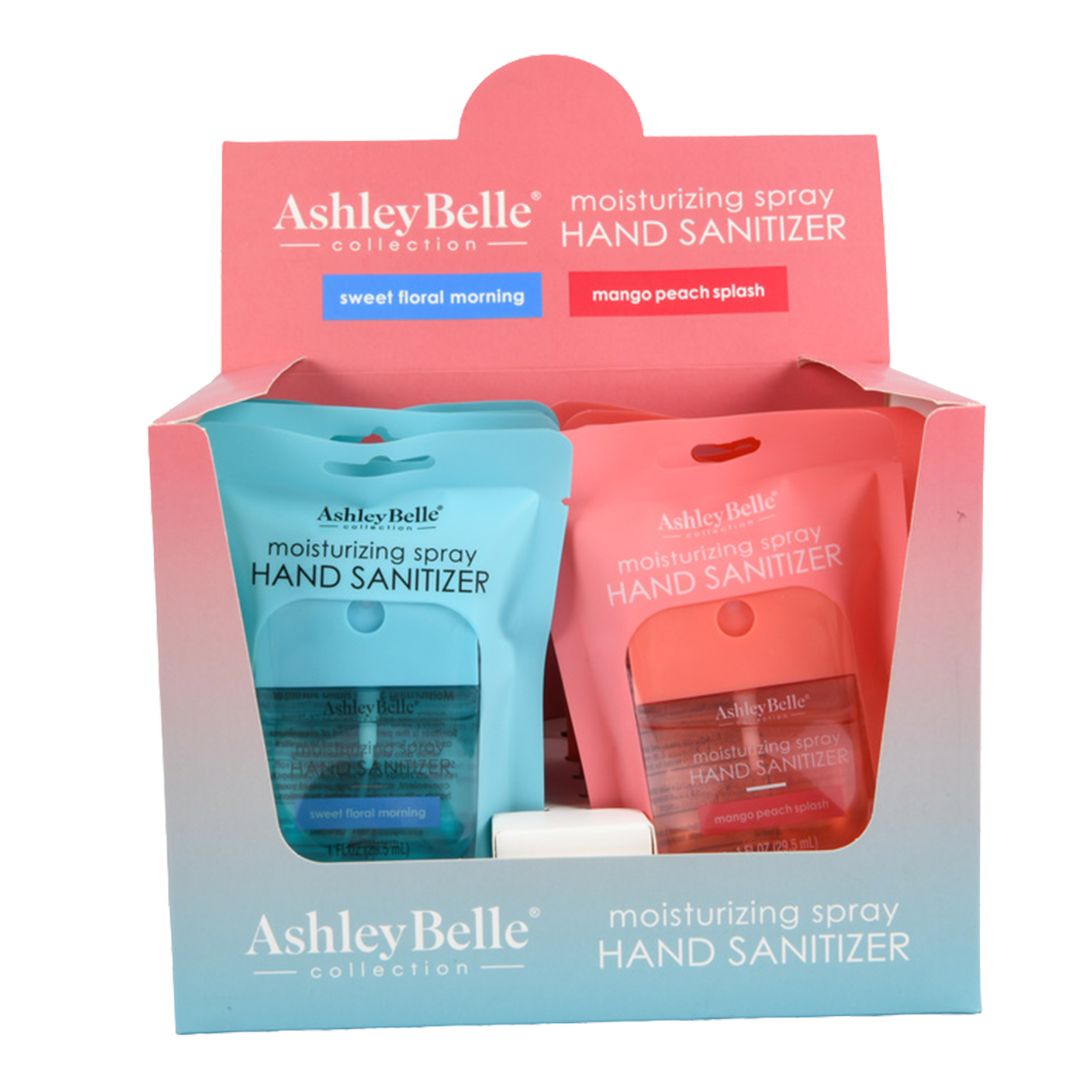 Ashley Belle moisturizing spray hand sanitizer set with Sweet Floral Morning and Mango Peach Splash scents in pink and blue display box