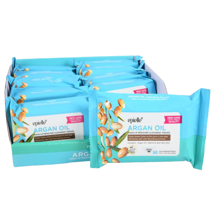 Epielle Argan Oil Cleansing Tissues 30 count – makeup remover wipes with argan oil, vitamin E, and aloe