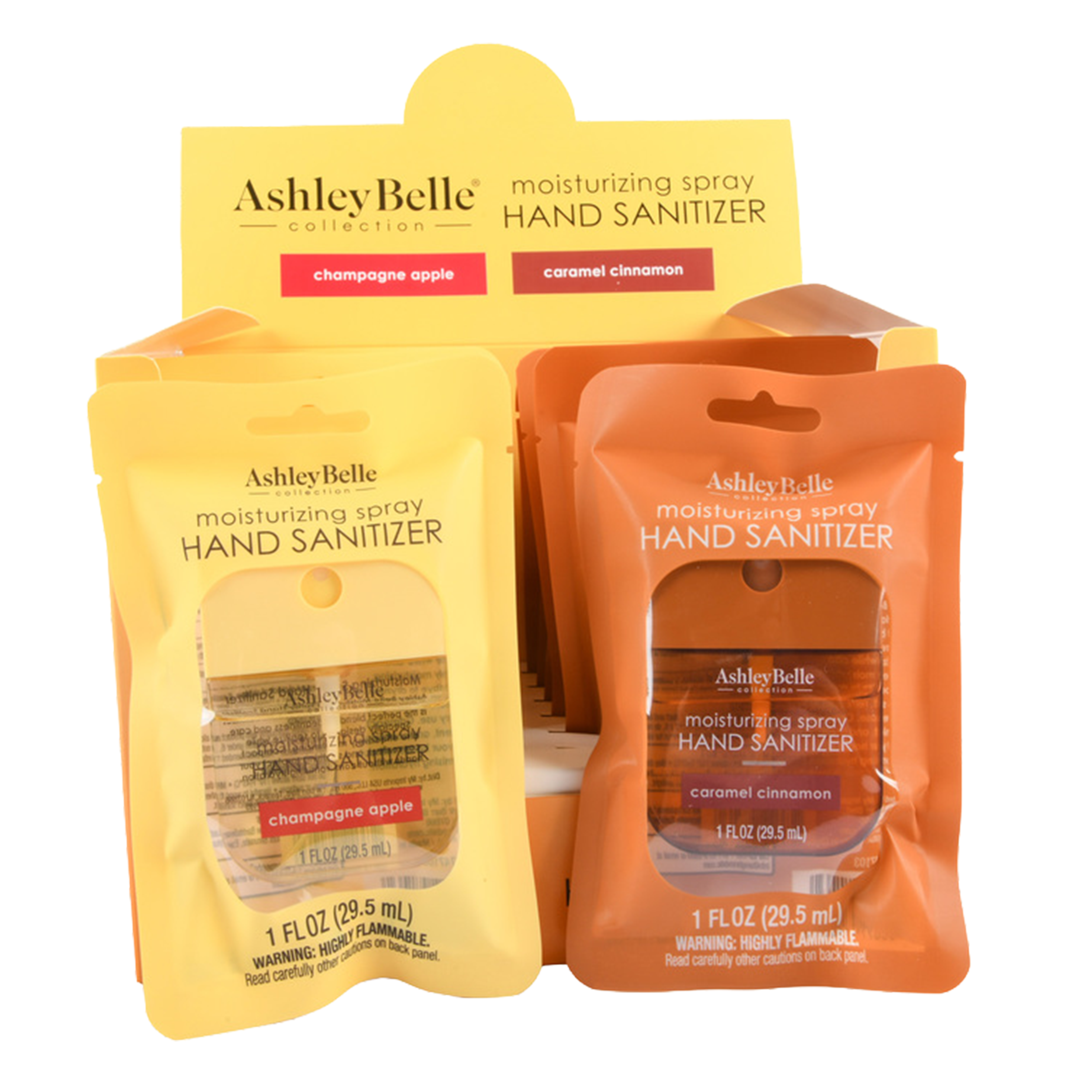 Ashley Belle moisturizing spray hand sanitizer set with Champagne Apple and Caramel Cinnamon scents in yellow display box