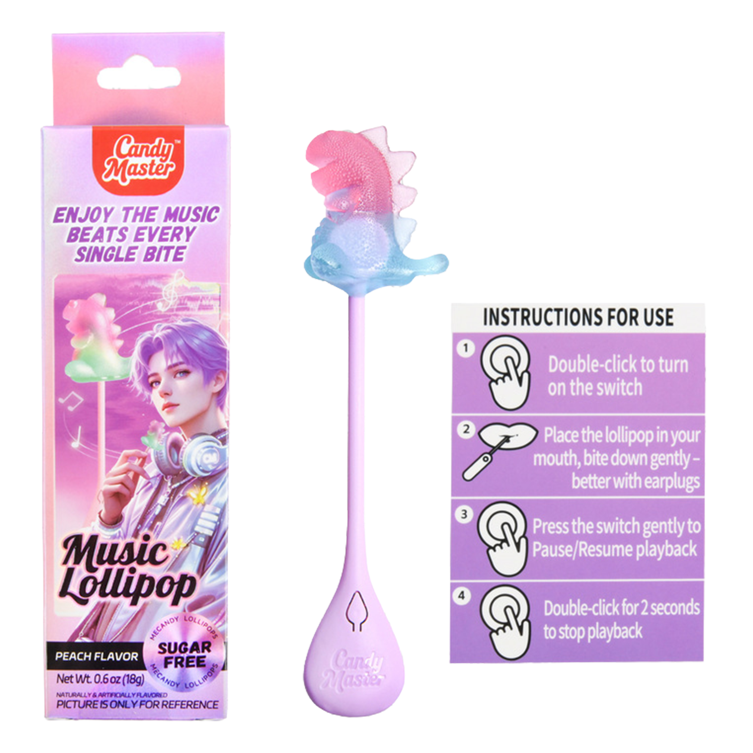 CANDY MASTER MUSICAL LOLLIPOP DINOSAUR PEACH FLAVOR (Pack Of 8)