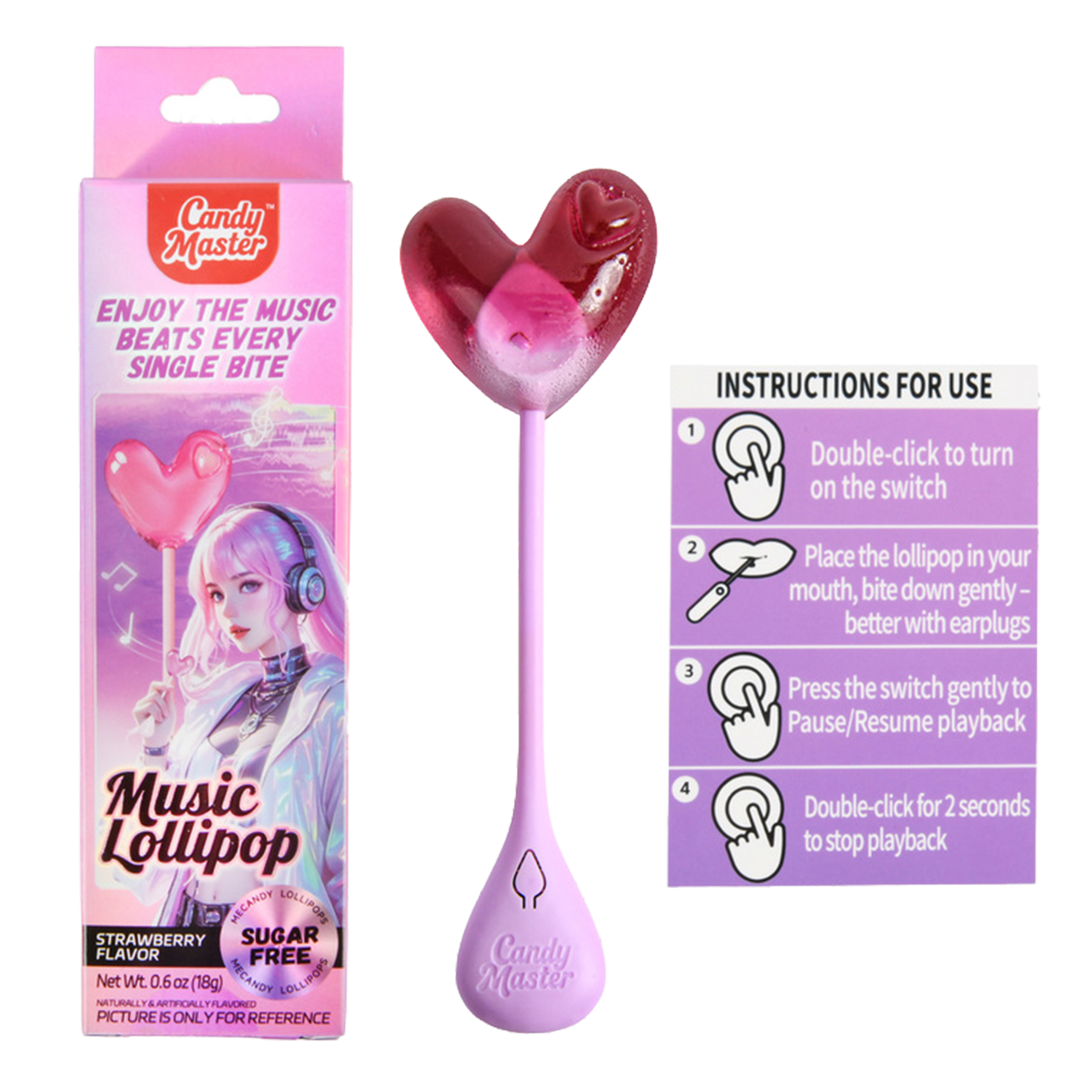 CANDY MASTER MUSICAL LOLLIPOP HEART STRAWBERRY FLAVOR (Pack Of 8)