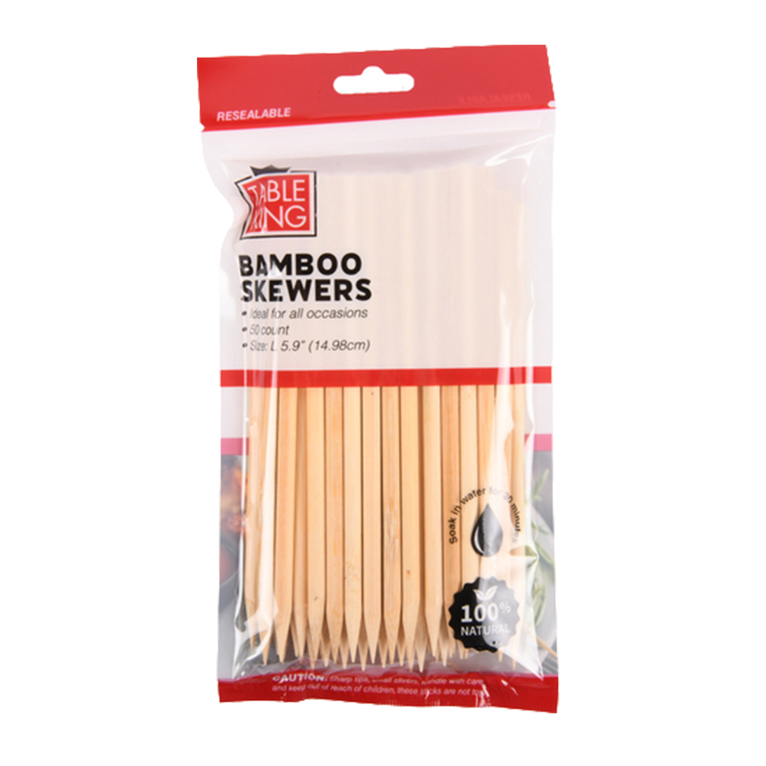 Table King bamboo skewers 50 count natural wooden skewers in resealable packaging for grilling and kabobs