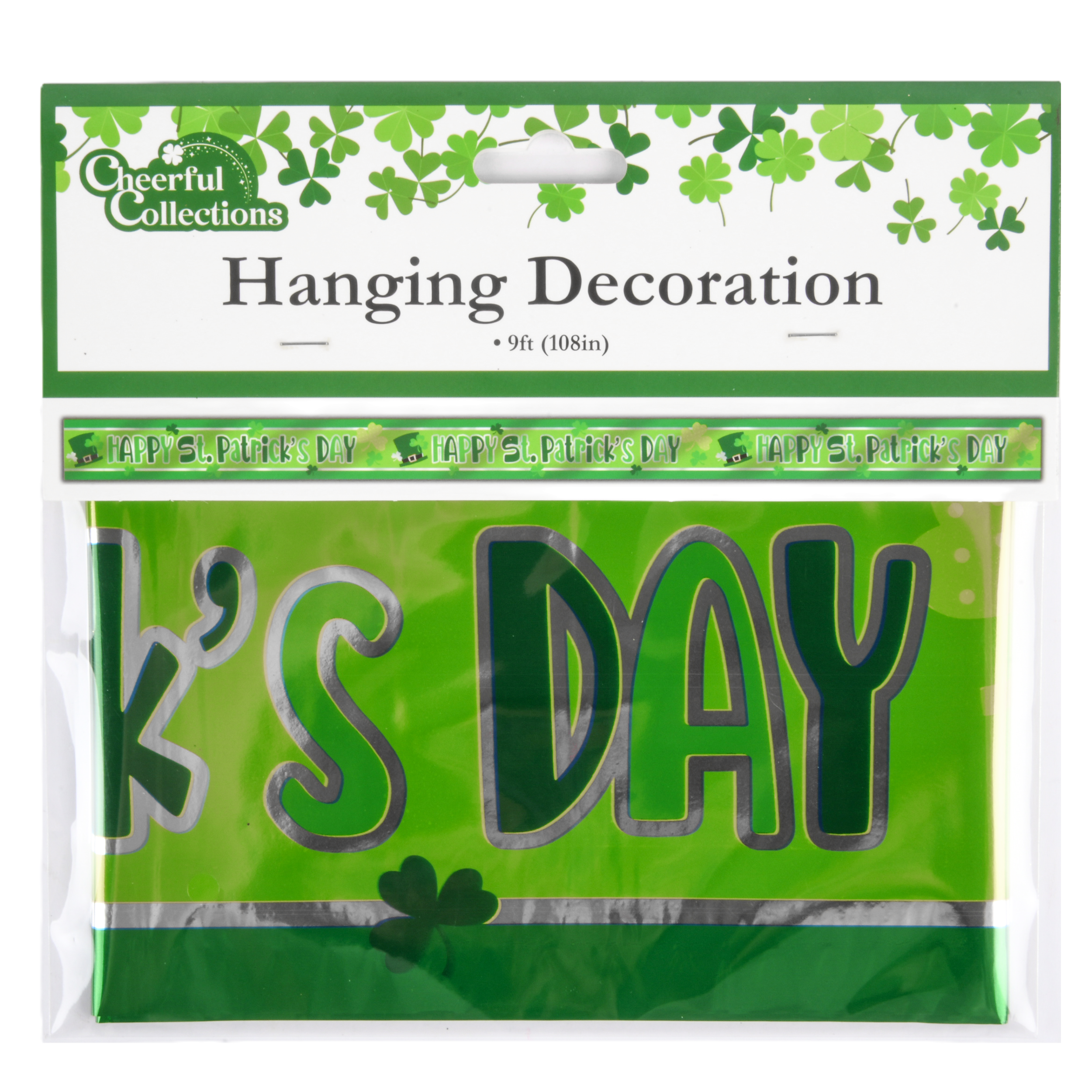 St. Patrick’s Day 9ft green hanging banner with shamrock design – holiday party decoration (4 pack)