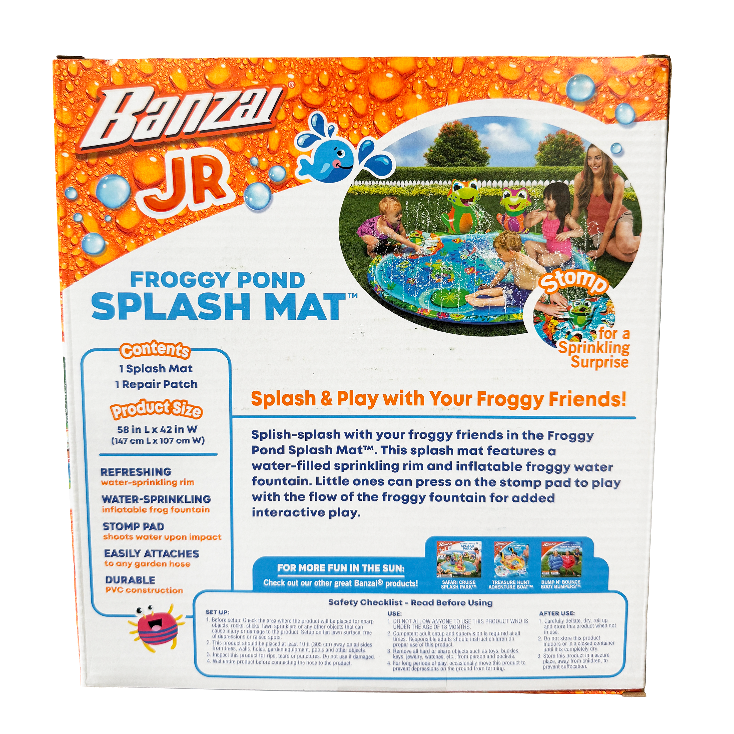 Banzai JR Froggy Pond splash mat kids water play pad with sprinkler fountain and colorful frog design