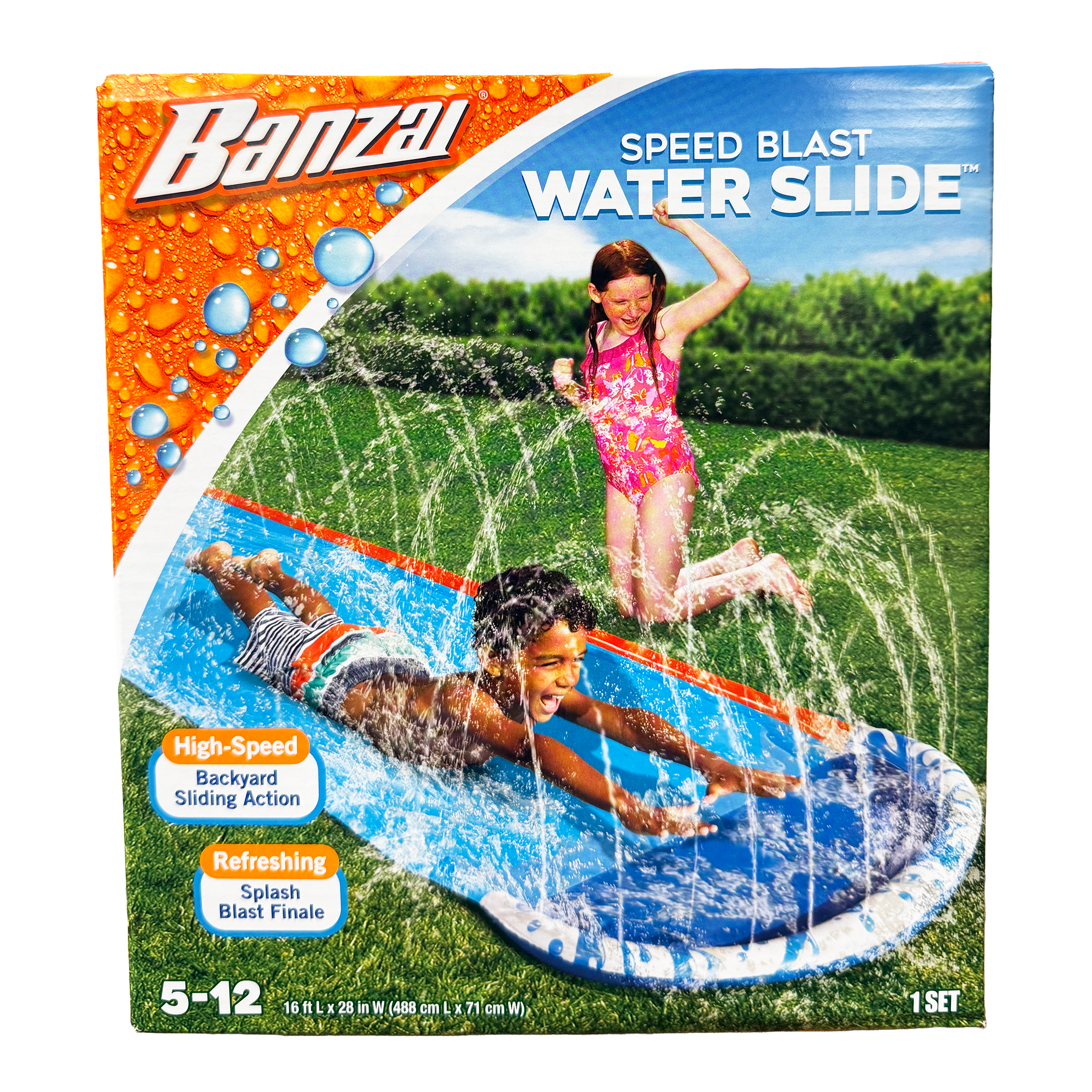 Banzai Speed Blast water slide 16 ft backyard slip and slide toy with kids sliding on water for outdoor summer play