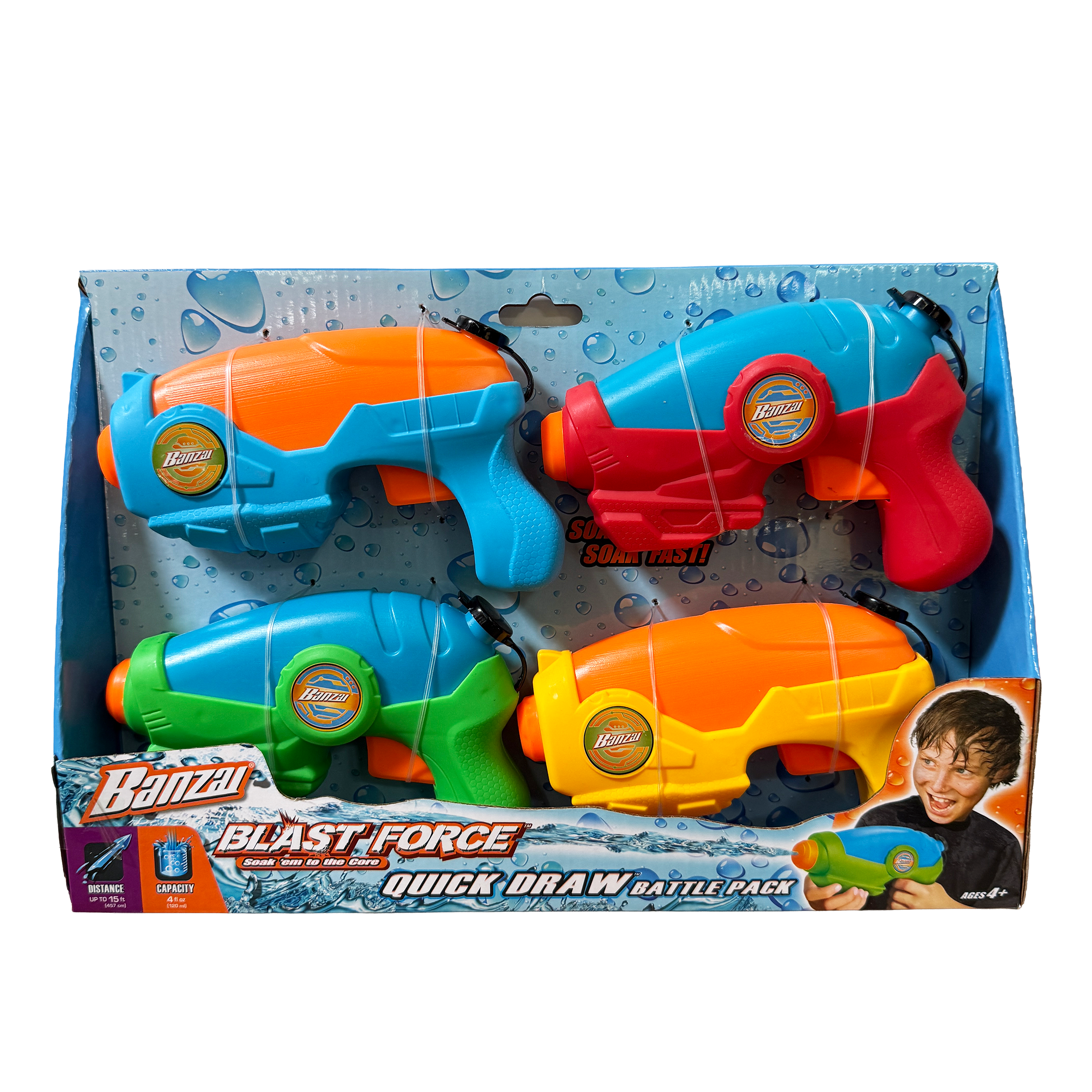 Banzai quick draw water guns 4 pack colorful kids water blaster toys in packaging for outdoor summer play