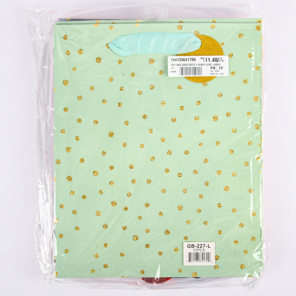 GIFT BAG GOLD DOTS 4 ASSRT CLRS  LARGE(12 Count)
