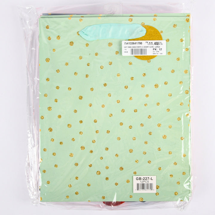 GIFT BAG GOLD DOTS 4 ASSRT CLRS  LARGE(12 Count)