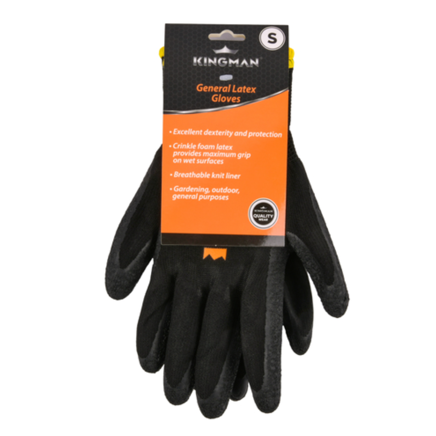 Kingman general latex work gloves, small size black gloves with crinkle foam latex coating, breathable knit liner, designed for gardening, outdoor work, and general hand protection