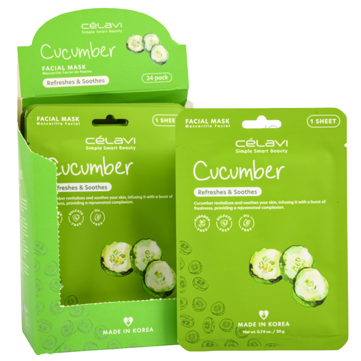 CeLavi Facial Mask, Cucumber, Single Sheet (24 Pack)