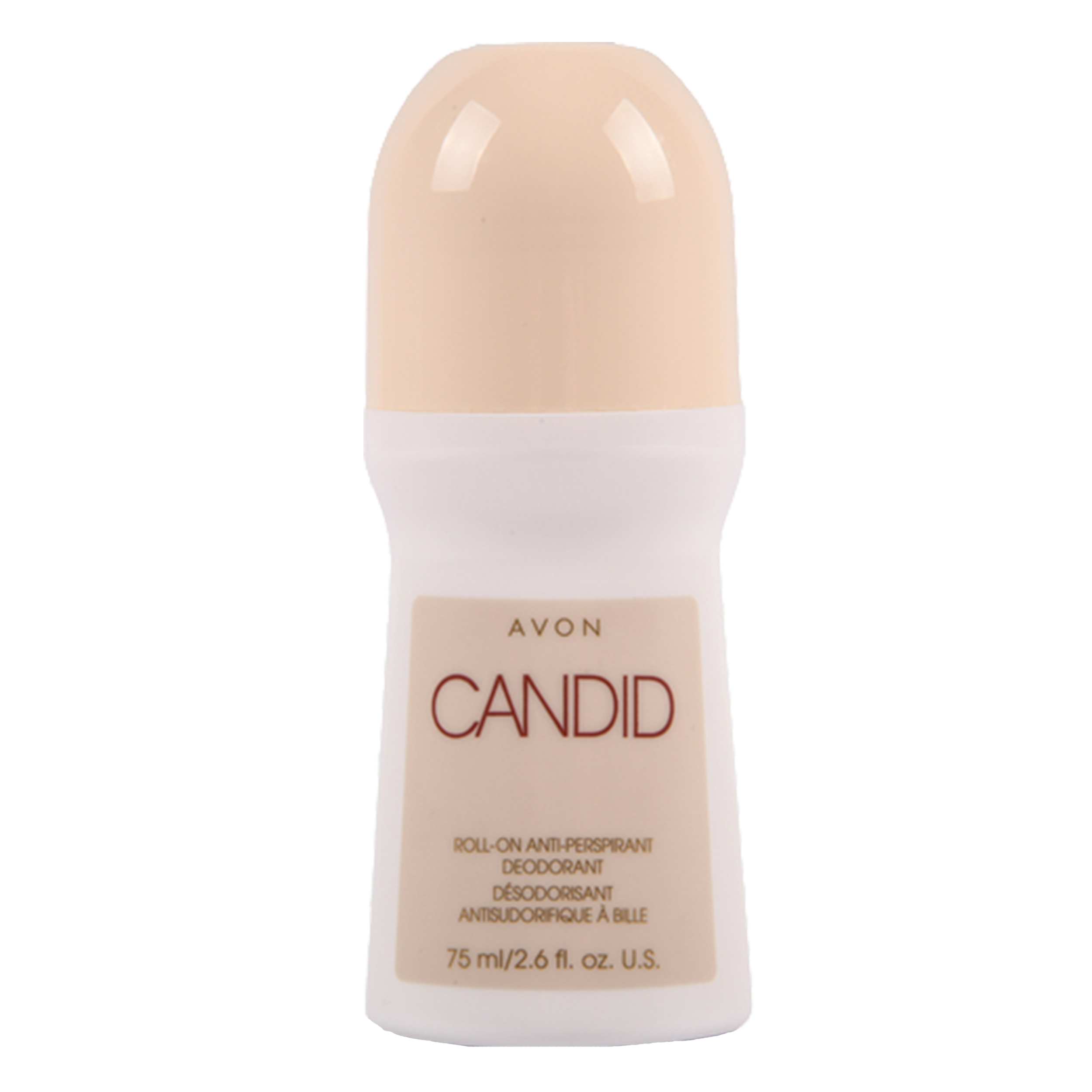 Avon Candid roll-on deodorant on a white background