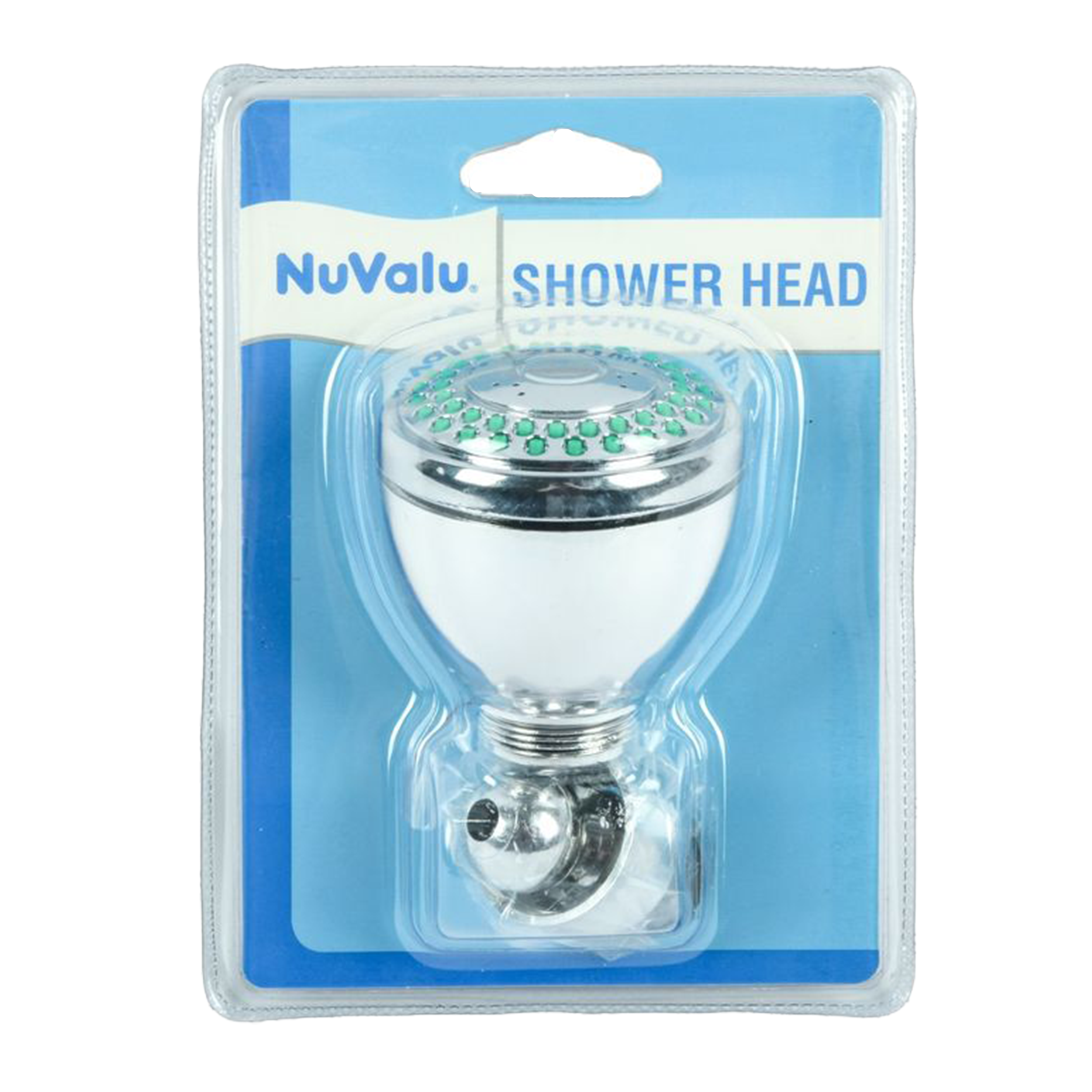 NuValu chrome shower head in retail blister packaging – fixed shower head for standard bathrooms