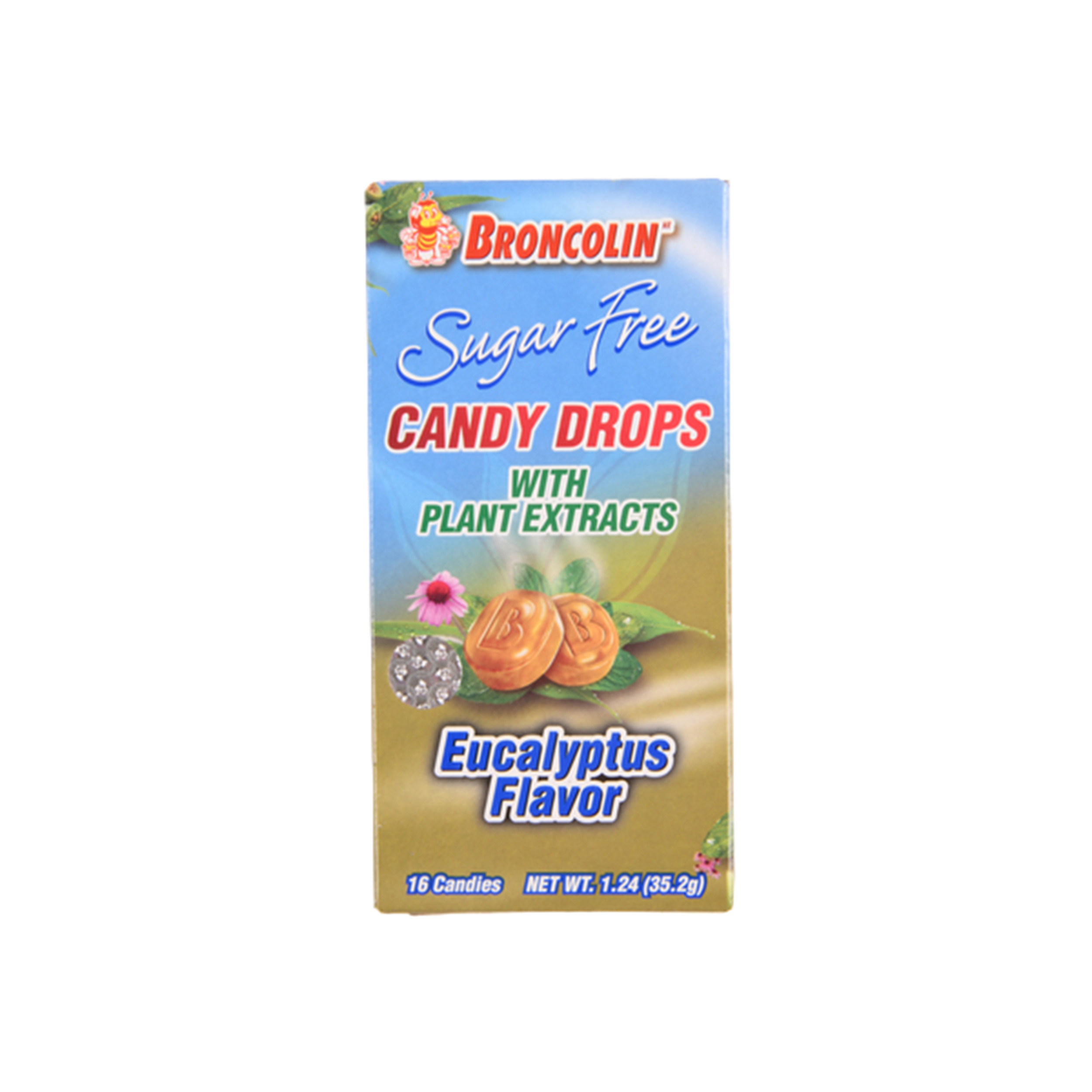 Broncolin sugar free eucalyptus candy drops 1.24oz box with plant extracts