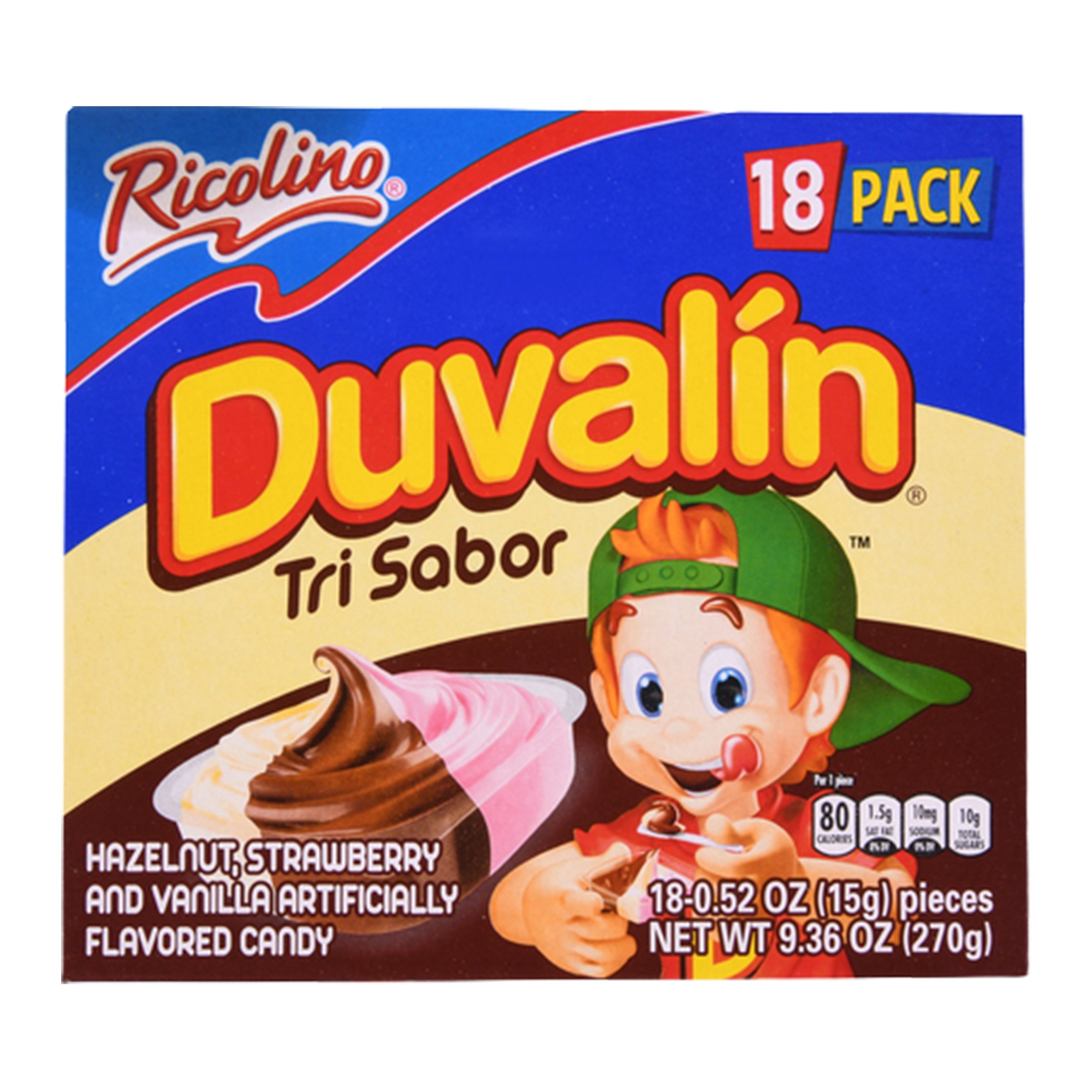 Ricolino Duvalin Tri Sabor candy 18 pack box with hazelnut strawberry and vanilla flavored creamy snack cups