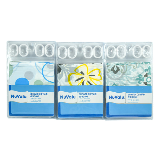 Nuvalu Shower Curtain & Hooks 70"X70" W/Asst Designs (24 Pack)