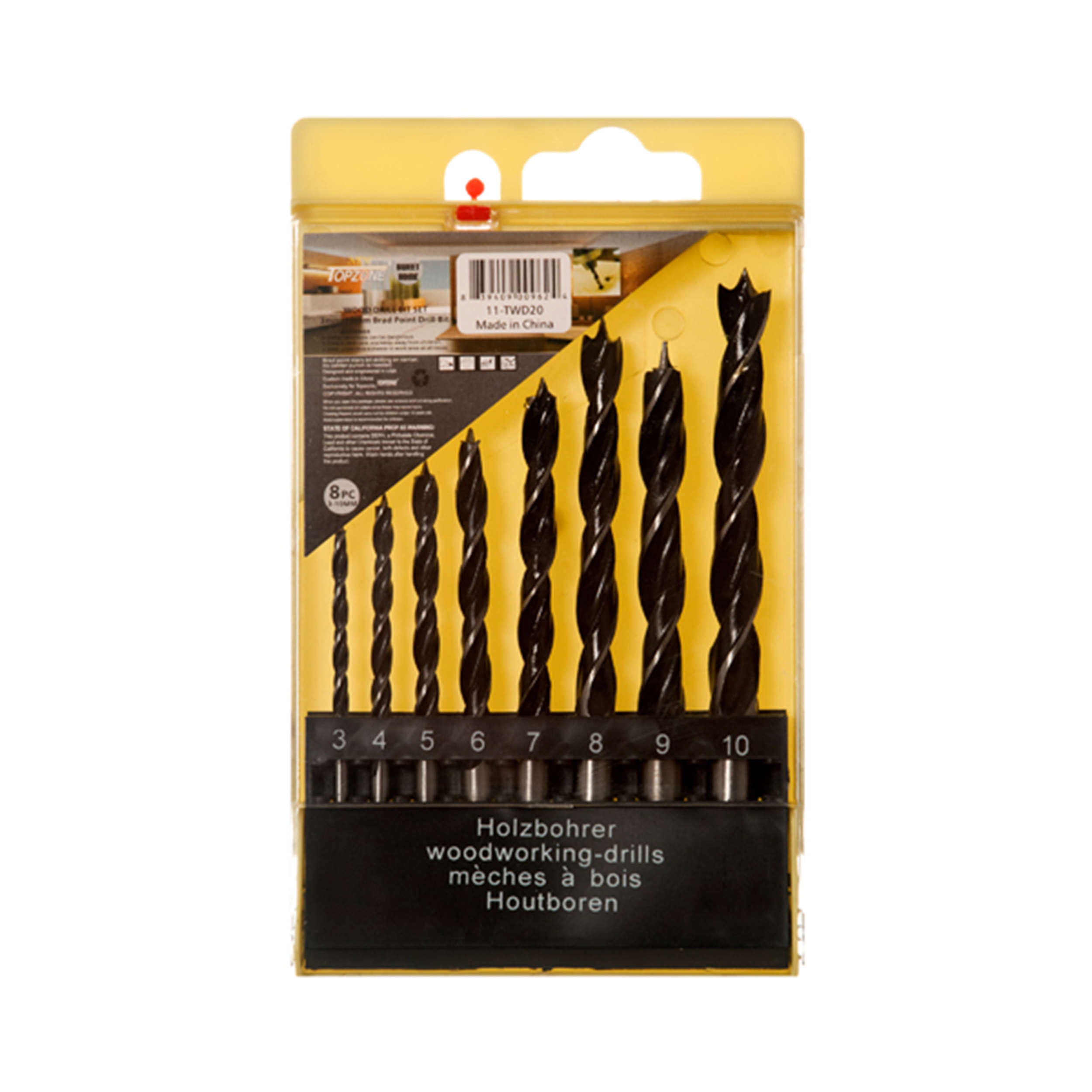 8 piece woodworking drill bit set with brad point tips in plastic storage case