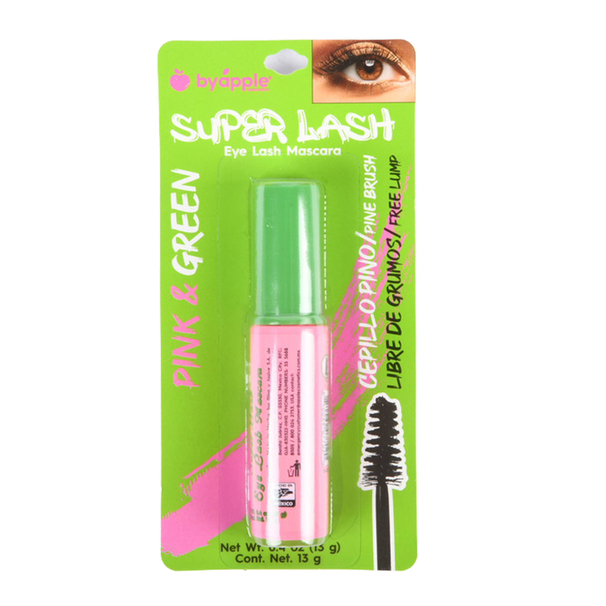 byapple Super Lash eye lash mascara pink and green packaging with spiral brush applicator 13 g