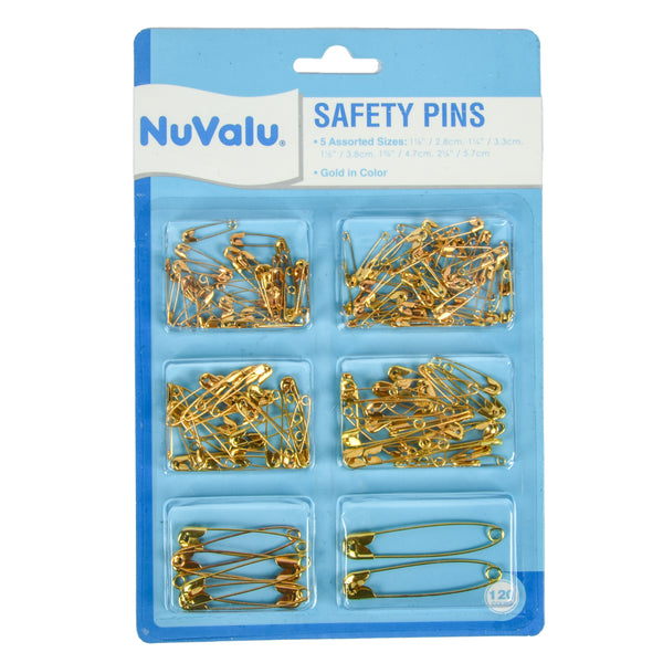 Nuvalu Safety Pins Mix 120Ct Gold Color W/Blister (24 Pack)