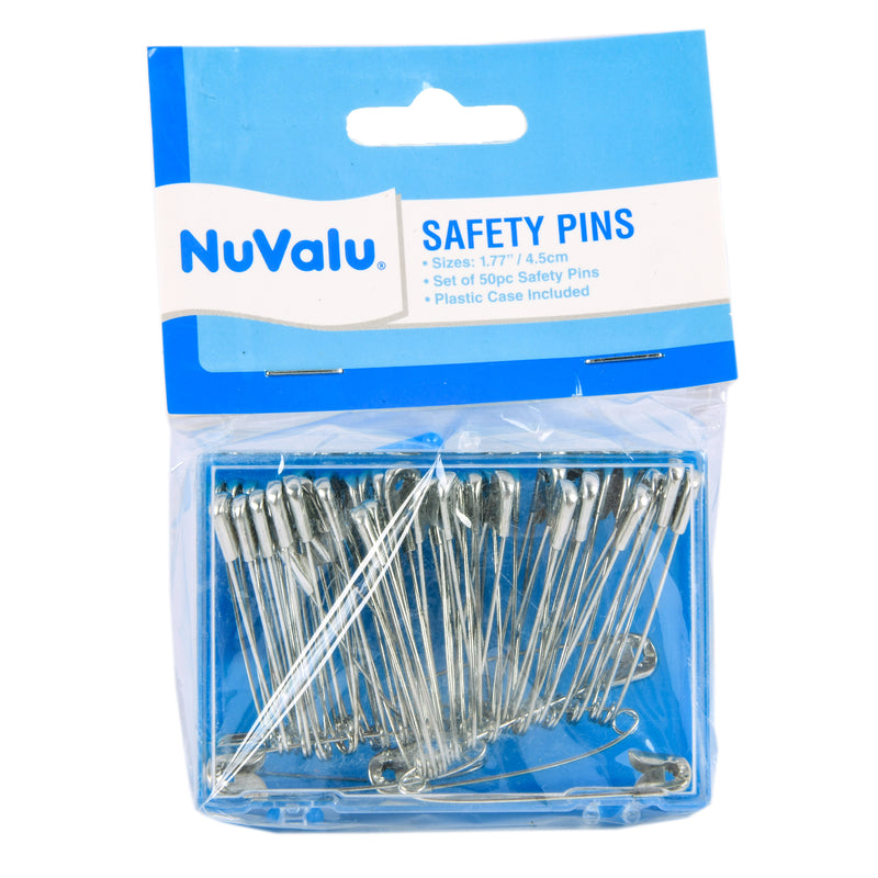 Nuvalu Safety Pins 1.77" 50Ct Silver Color W/Plastic Box & Head Card (24 Pack)