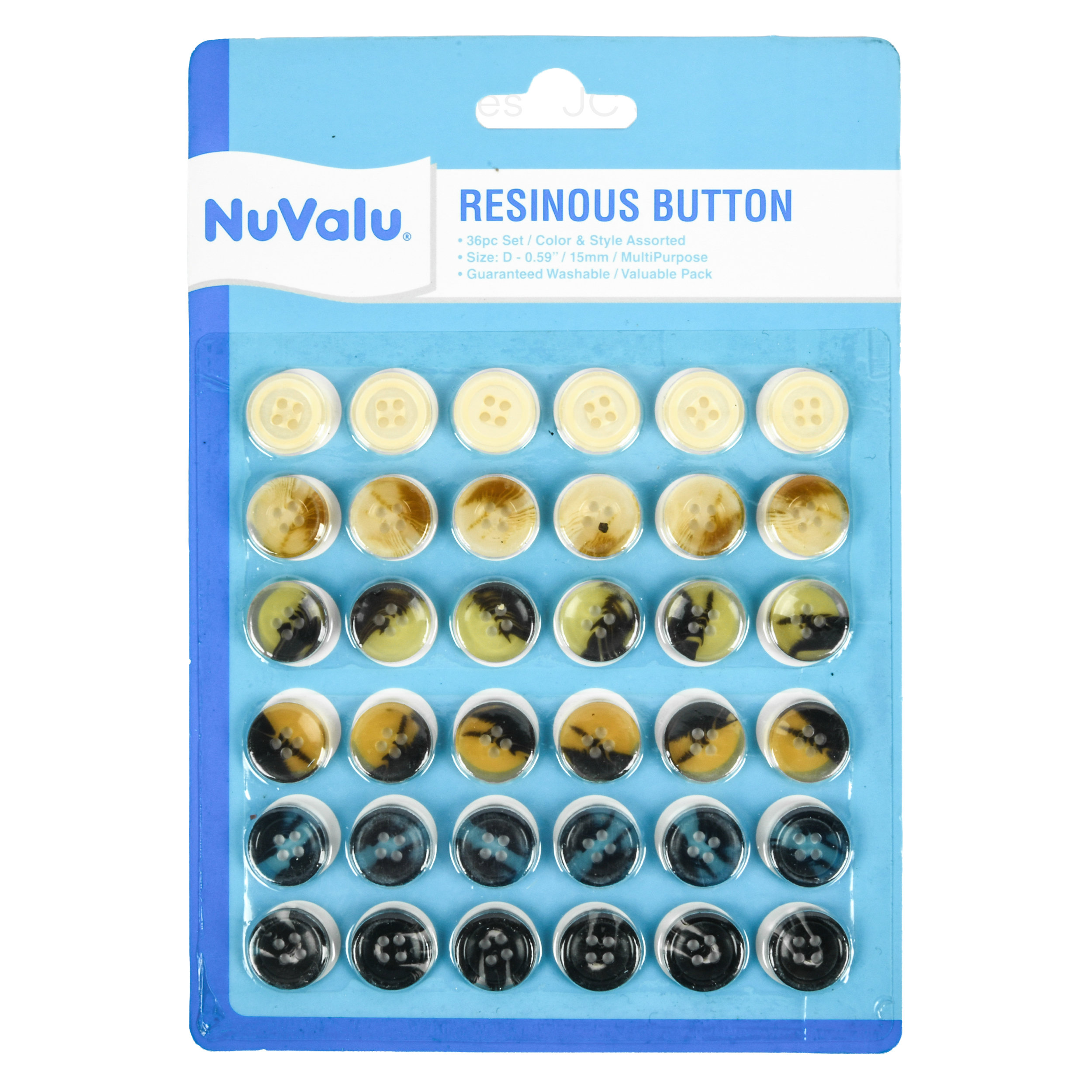 Nuvalu Button Resinous 36 Ct 15Mm Asst Clr (24 Pack)
