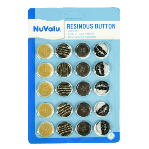 Nuvalu Button Resinous 20 Ct 21Mm Asst Clr (24 Pack)