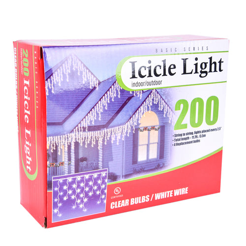 HX LIGHT ICICLE 200L CLEAR BULB WHITE WIRE W/UL (12 PACK)