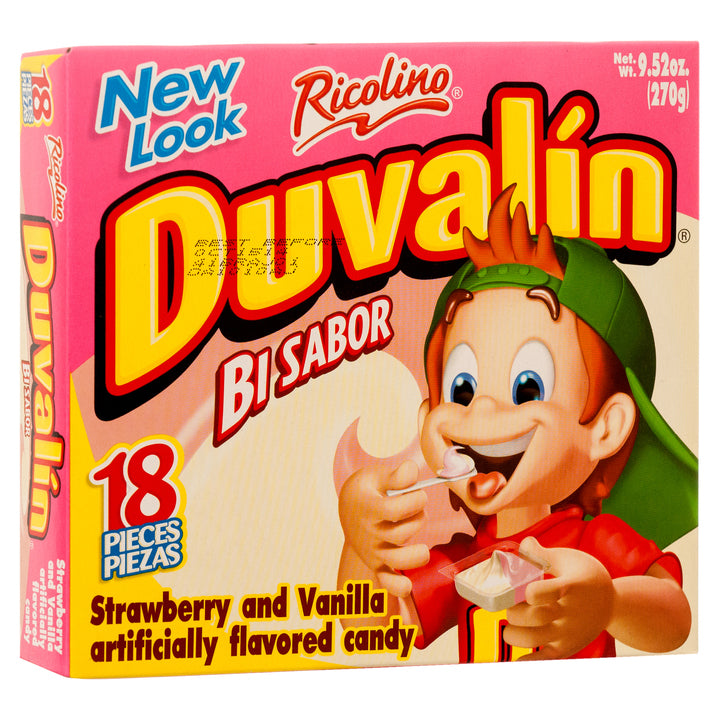 Duvalin Bi Sabor strawberry and vanilla 18 count Mexican candy spread cups Ricolino box