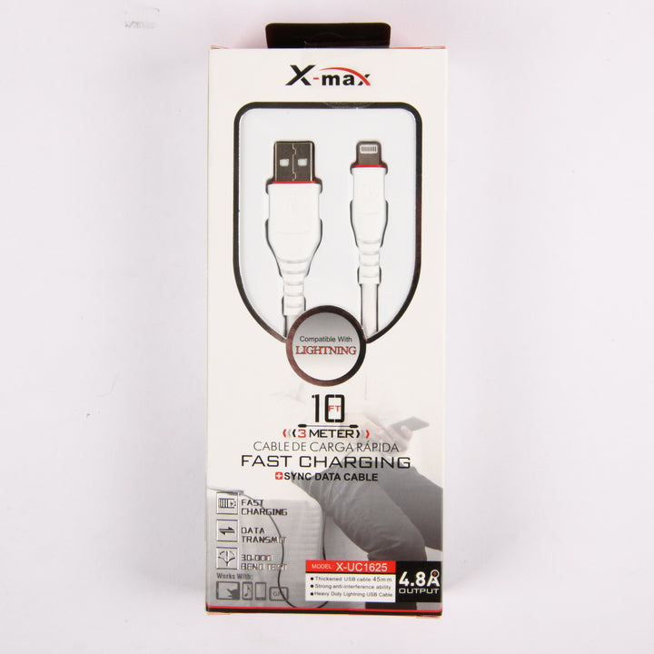 X-max 10FT iPhone Lightning USB Cable in white, fast charging and data sync cord, compatible with Apple devices, shown in retail packaging