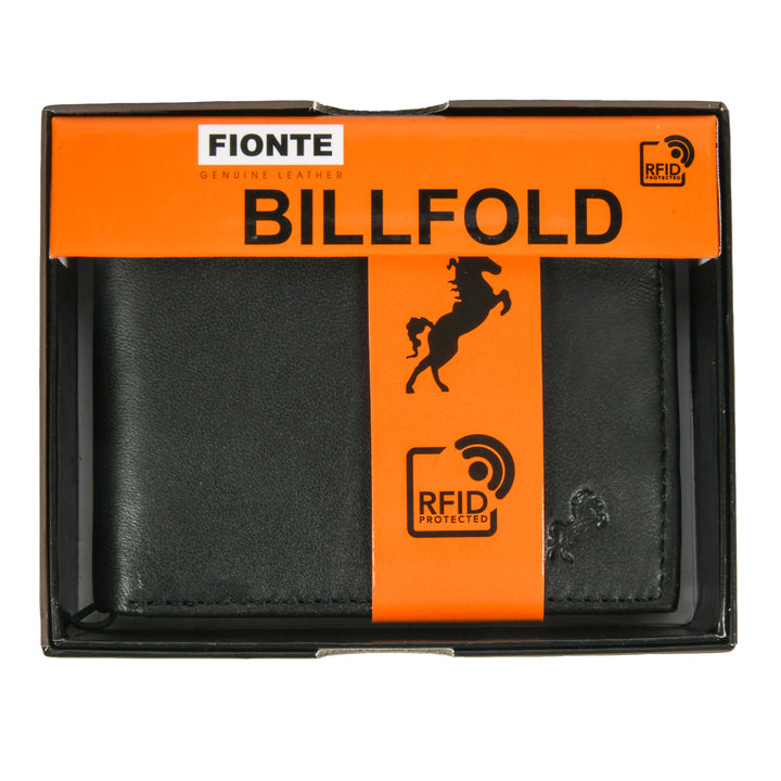 FIONTE men‚Äôs black billfold wallet with RFID protection ‚Äì genuine leather bifold wallet